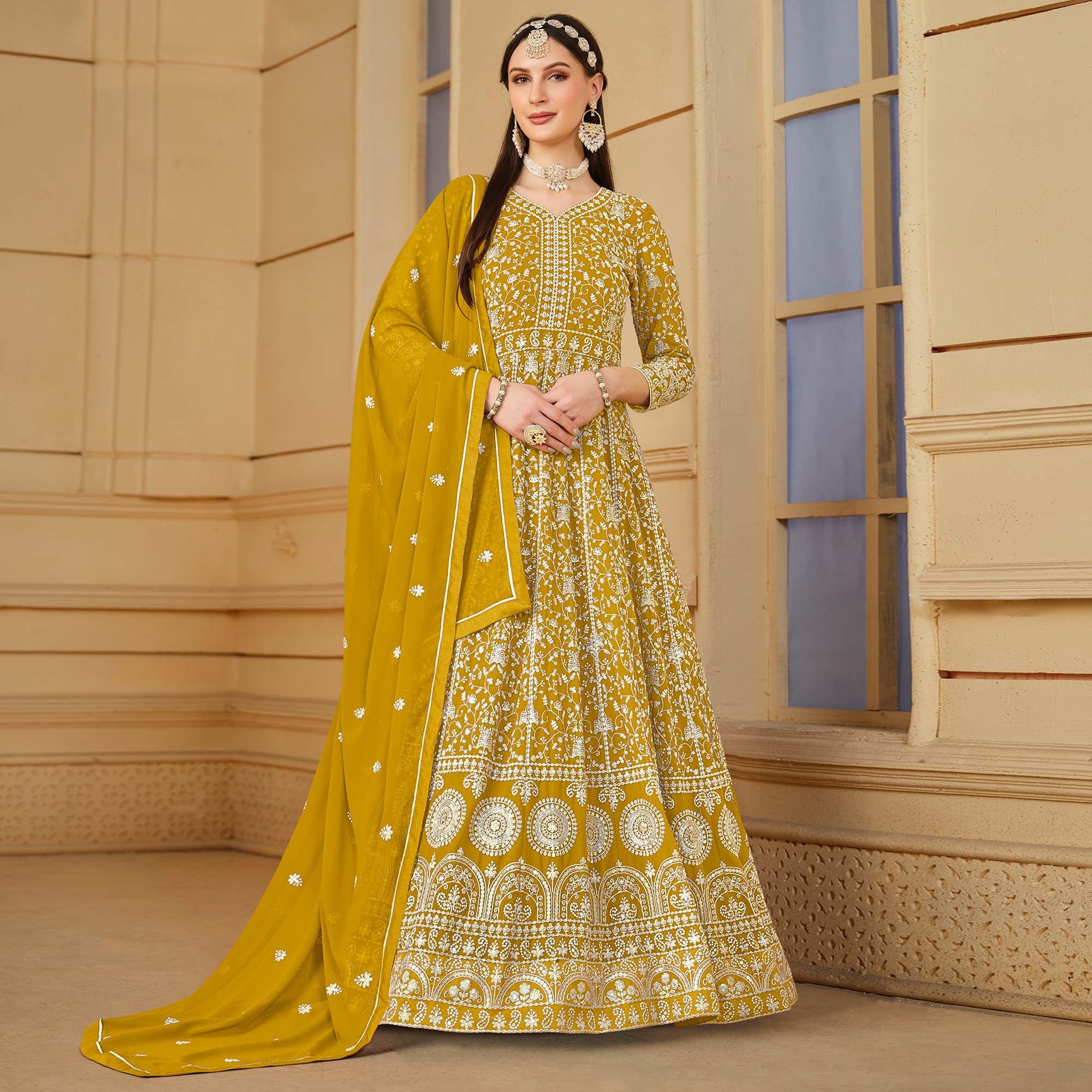 Yellow Floral Embroidered Georgette Semi Stitched Anarkali Suit