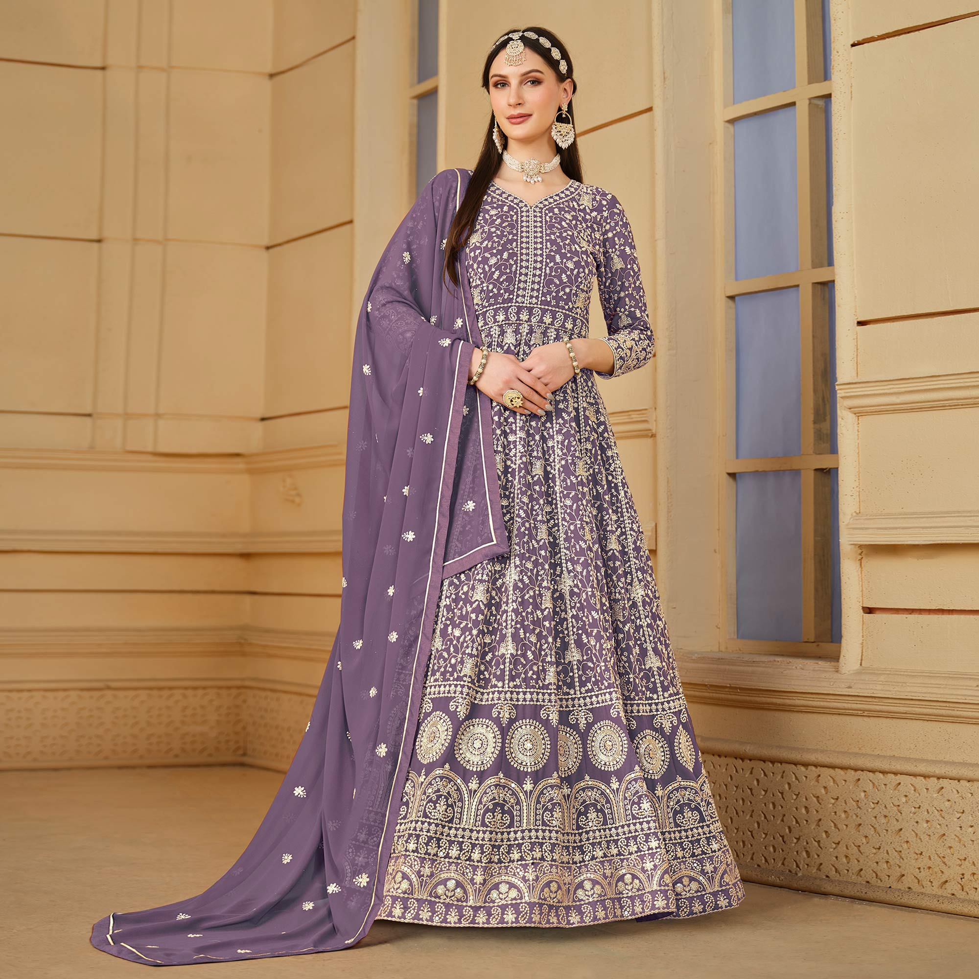 Purple Floral Embroidered Georgette Semi Stitched Anarkali Suit