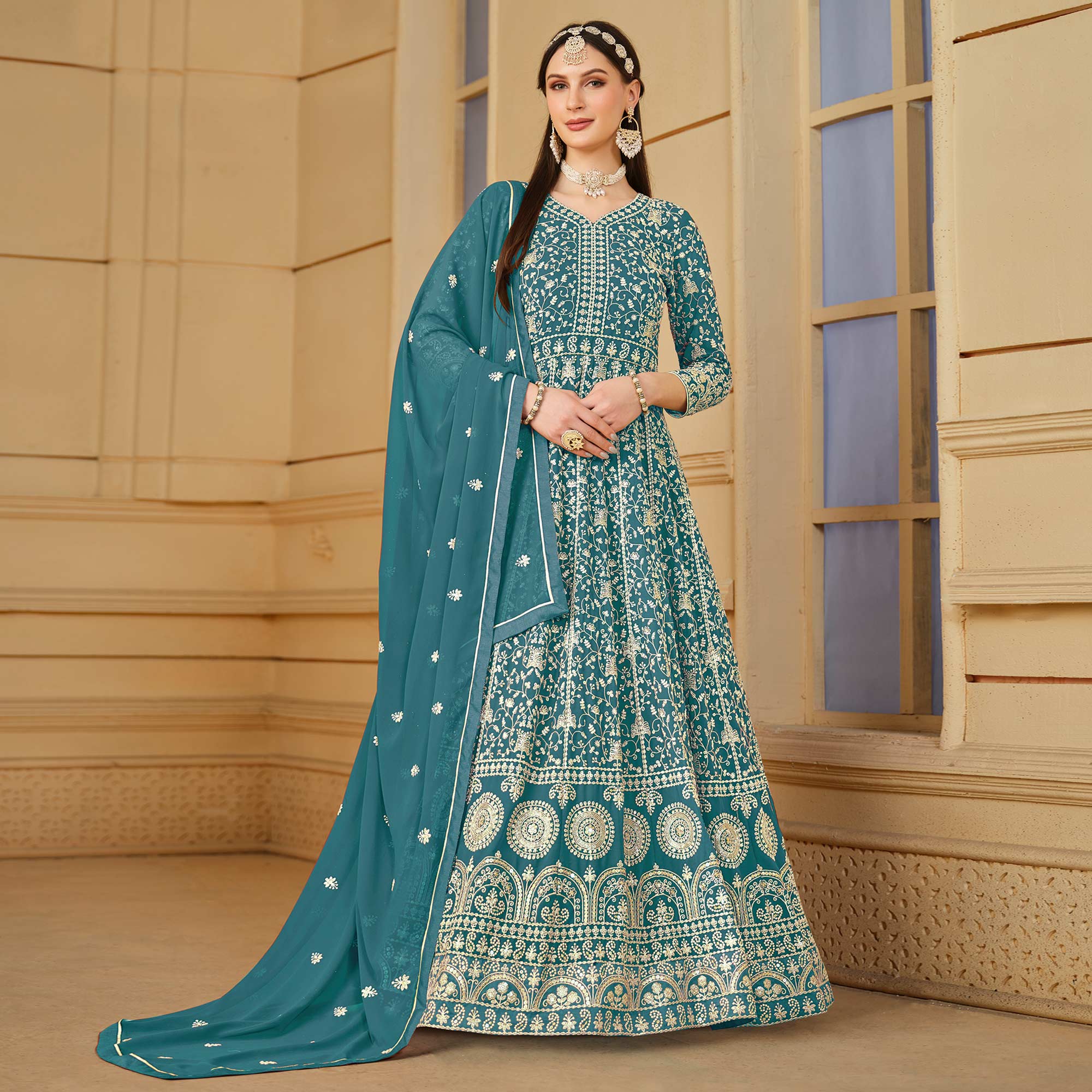 Rama Blue Floral Embroidered Georgette Semi Stitched Anarkali Suit