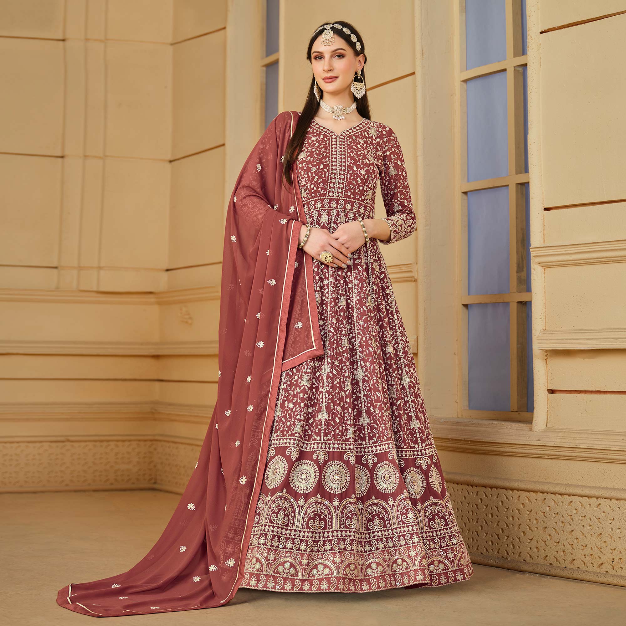 Rust Floral Embroidered Georgette Semi Stitched Anarkali Suit