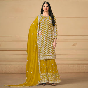 Mustard Sequins Embroidered Georgette Semi Stitched Sharara Suit