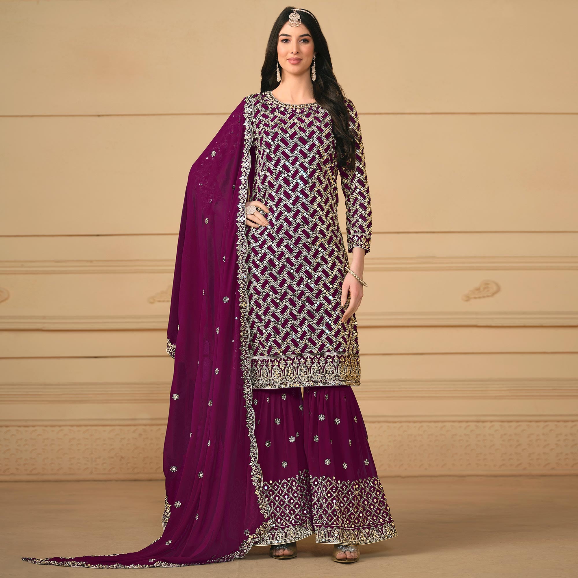 Purple Sequins Embroidered Georgette Semi Stitched Sharara Suit