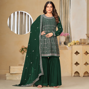 Green Floral Sequins Embroidered Georgette Semi Stitched Sharara Suit