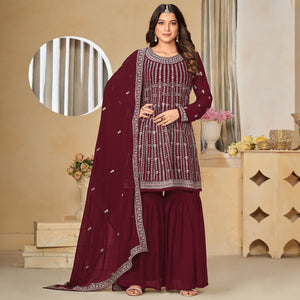 Maroon Floral Sequins Embroidered Georgette Semi Stitched Sharara Suit