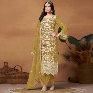 Mustard Floral Sequins Embroidered Organza Semi Stitched Salwar Suit