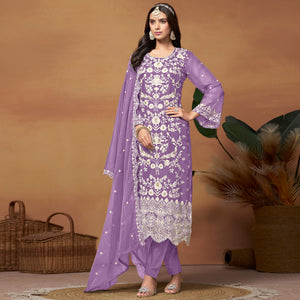Purple Floral Sequins Embroidered Organza Semi Stitched Salwar Suit