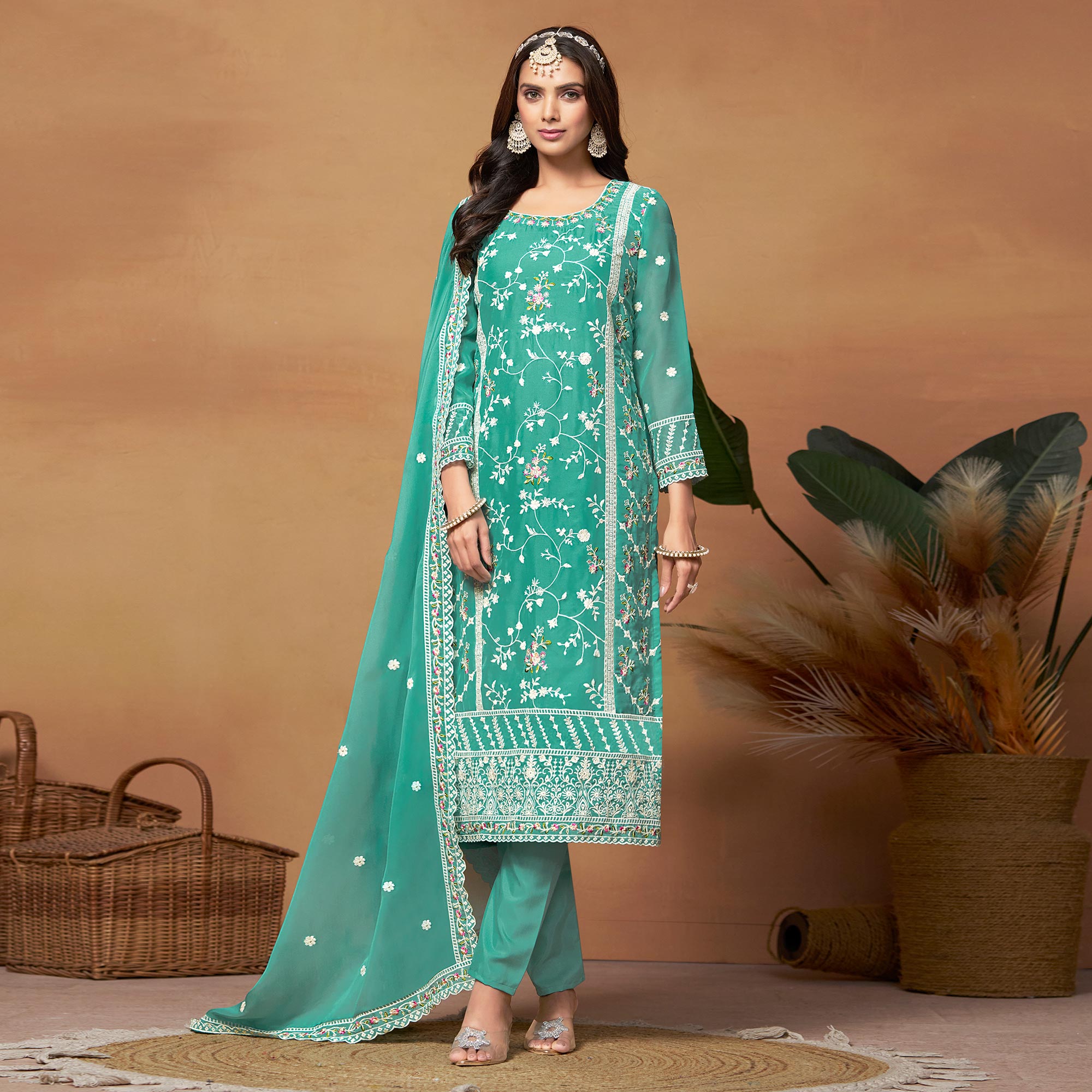 Rama Green Floral Embroidered Organza Semi Stitched Dress Material