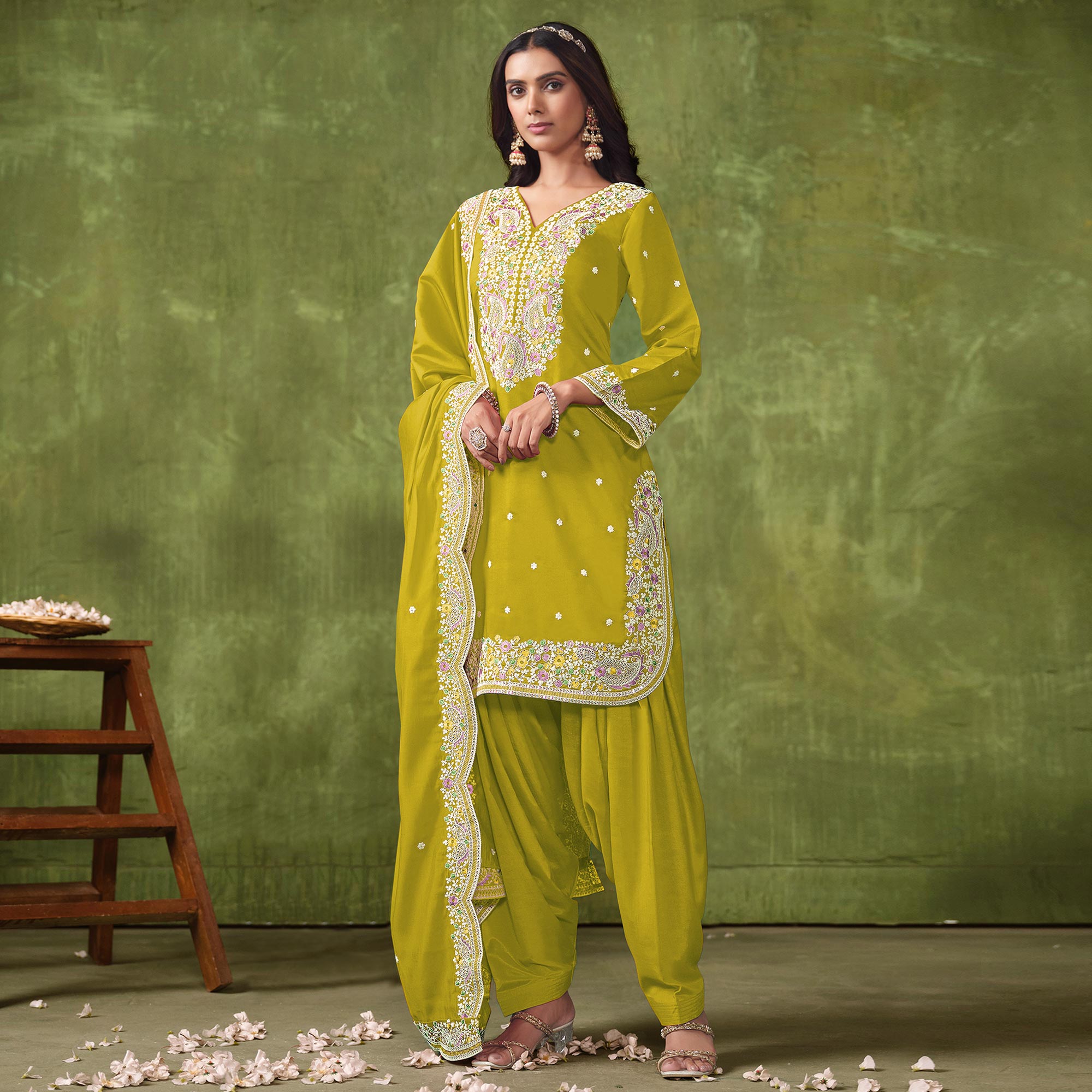 Olive Floral Embroidered Pure Silk Unstitched Dress Material