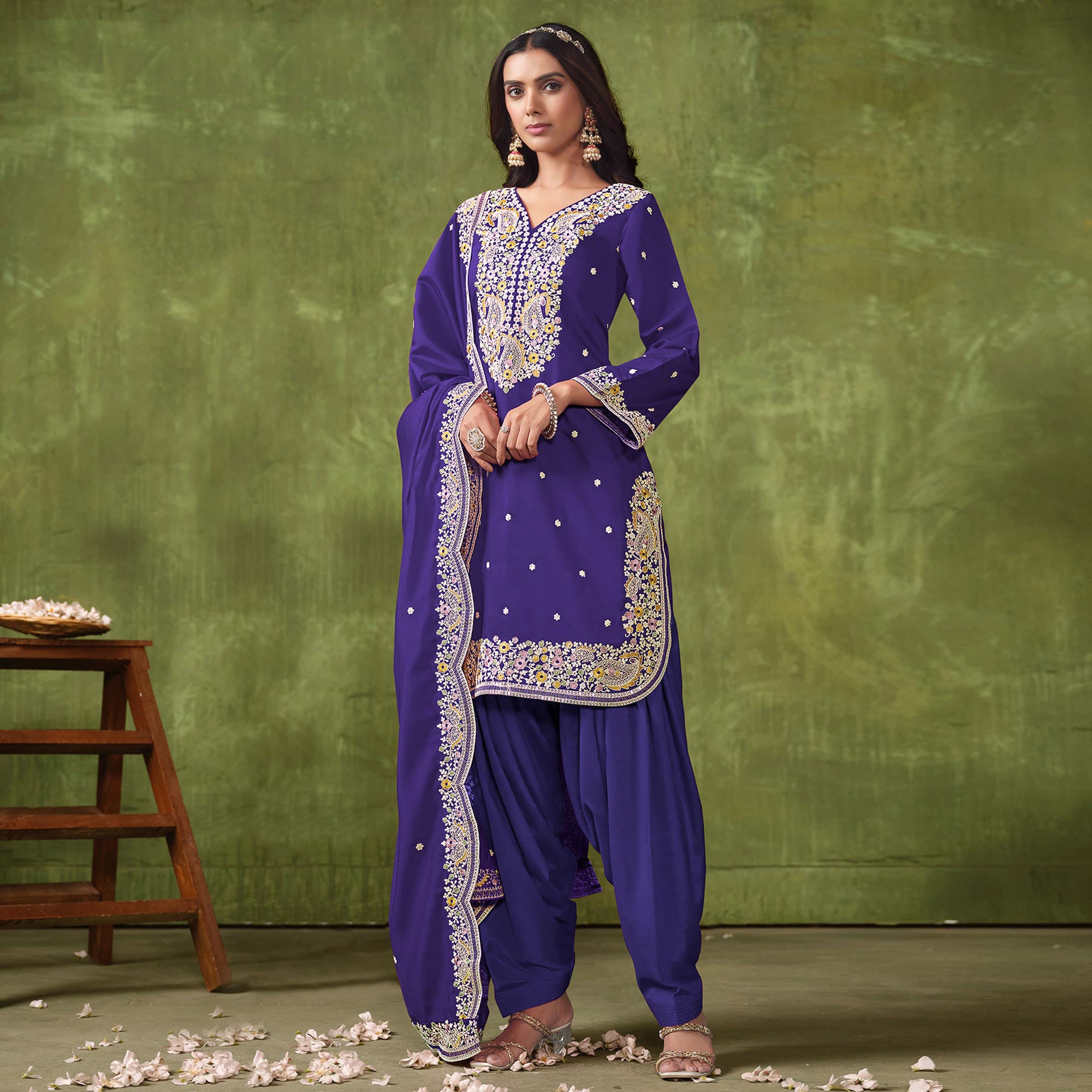 Purple Floral Embroidered Pure Silk Unstitched Dress Material