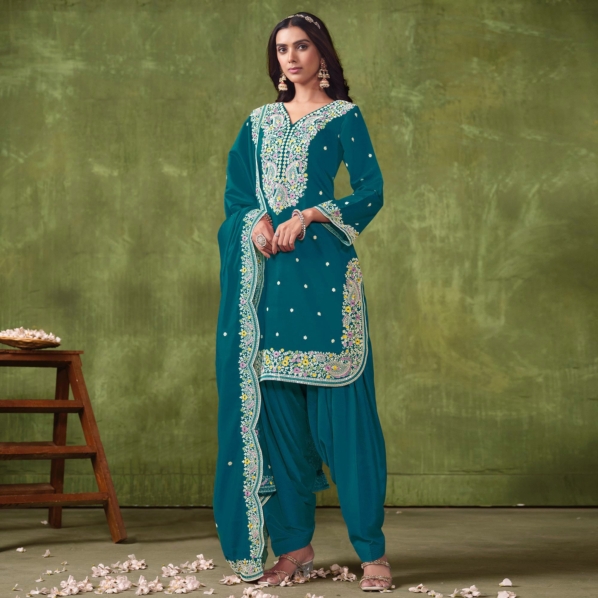 Teal Floral Embroidered Pure Silk Unstitched Dress Material