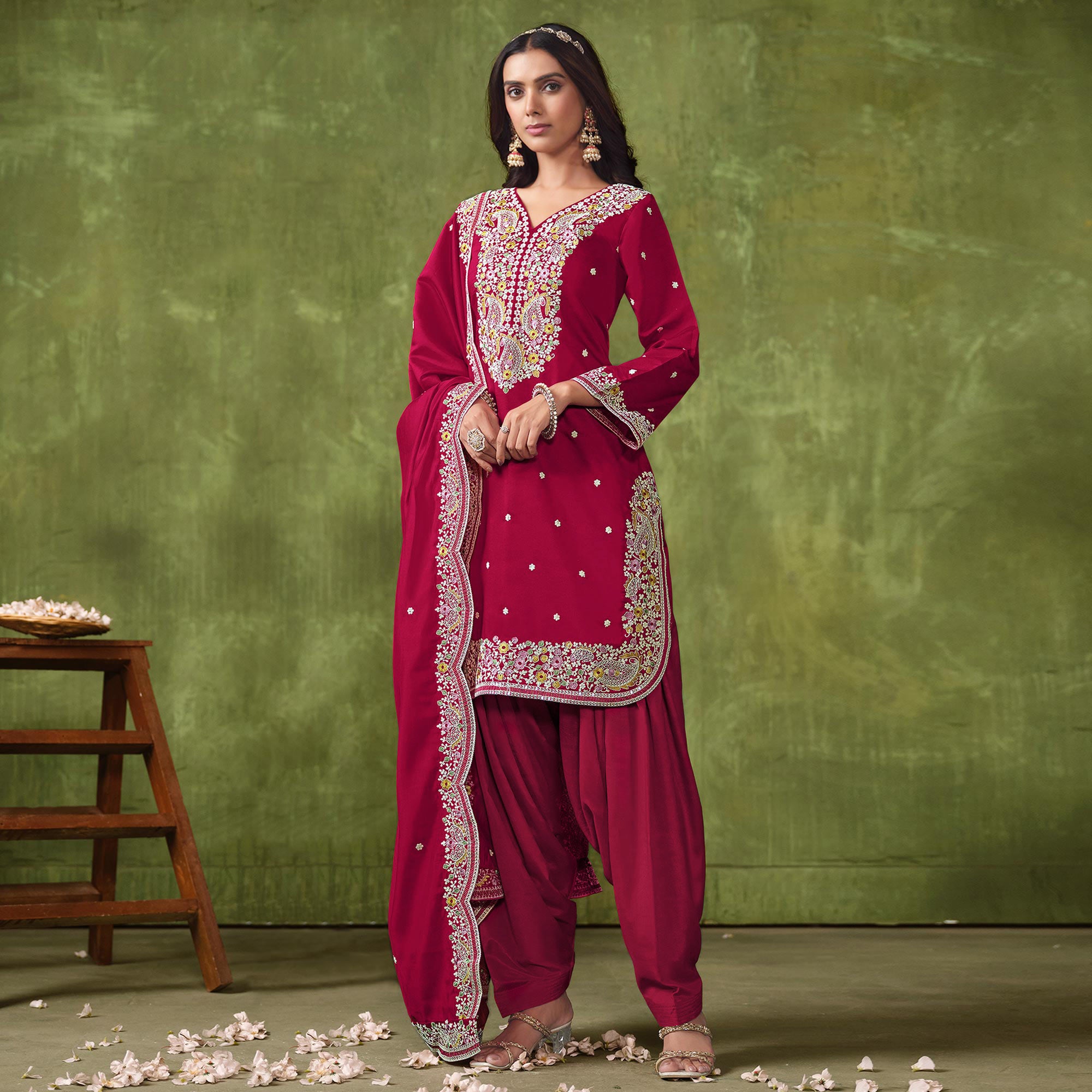 Pink Floral Embroidered Pure Silk Unstitched Dress Material