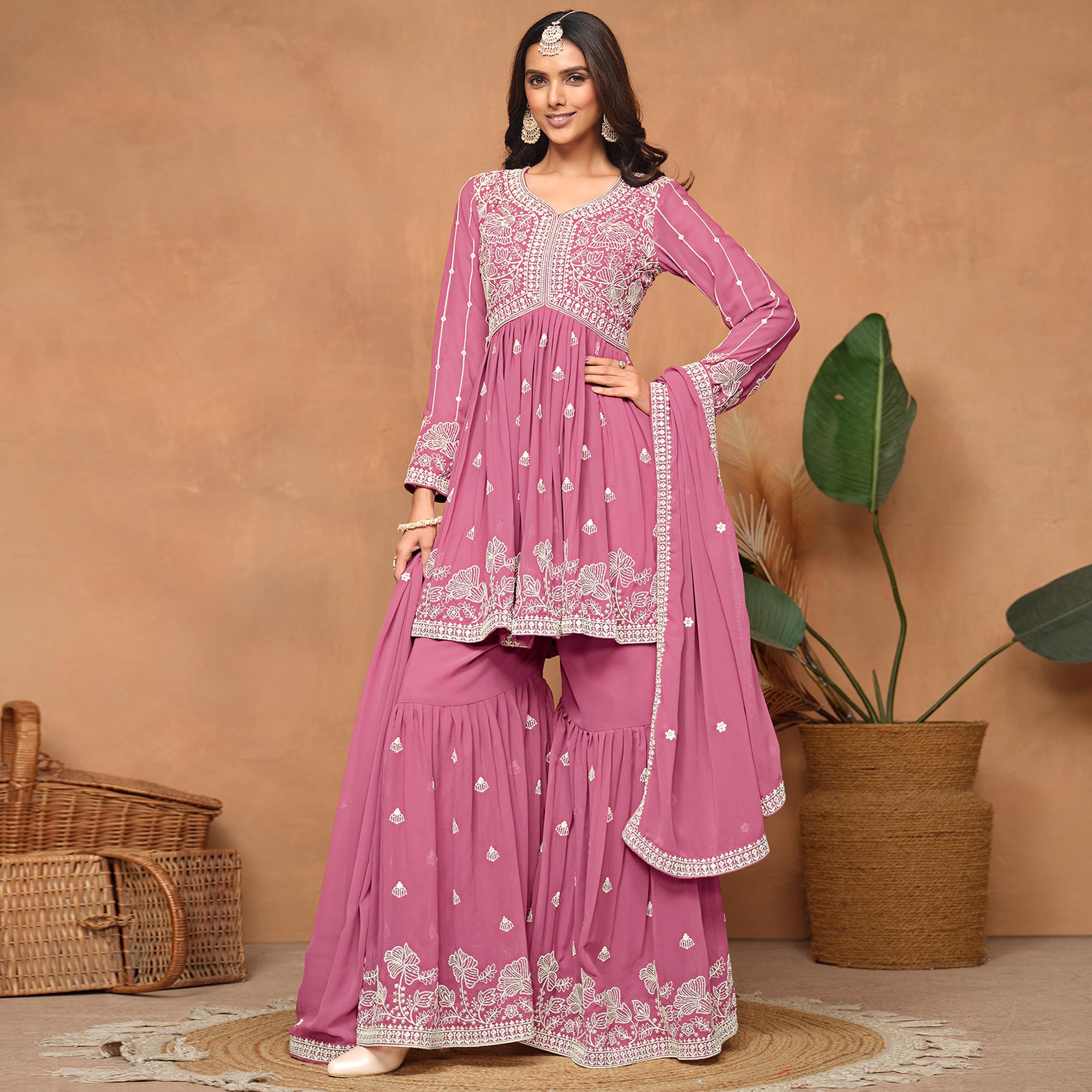Pink Floral Embroidered Georgette Semi Stitched Suit