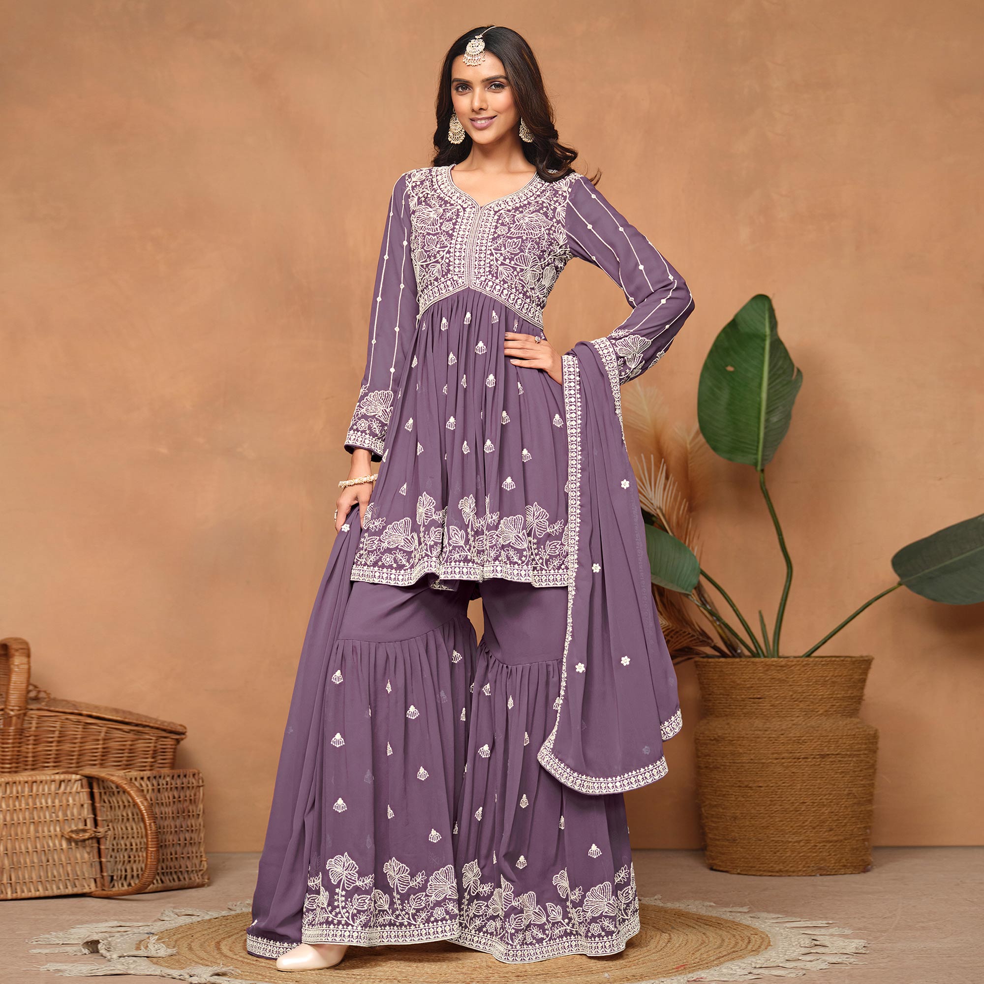 Purple Floral Embroidered Georgette Semi Stitched Suit