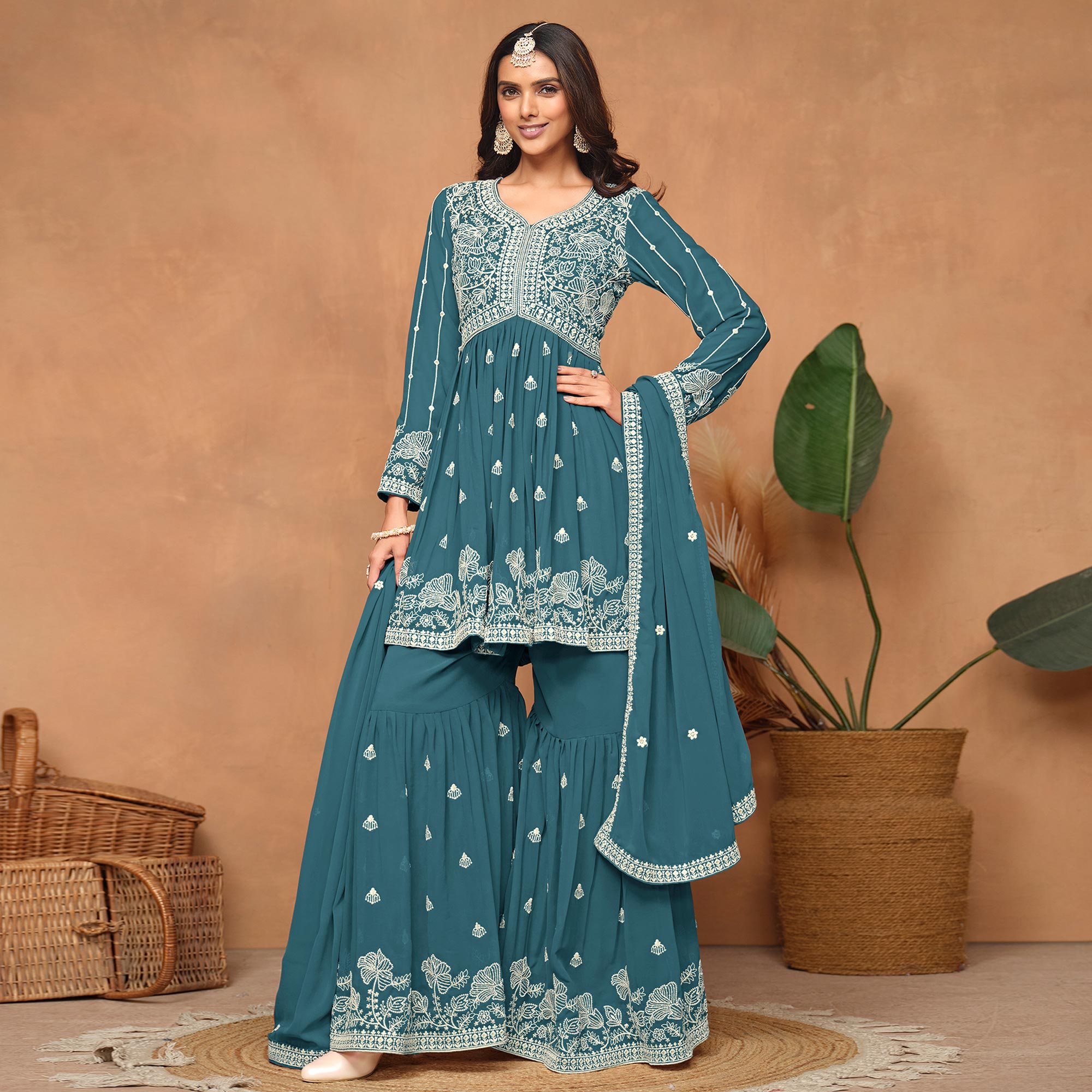 Teal Floral Embroidered Georgette Semi Stitched Suit