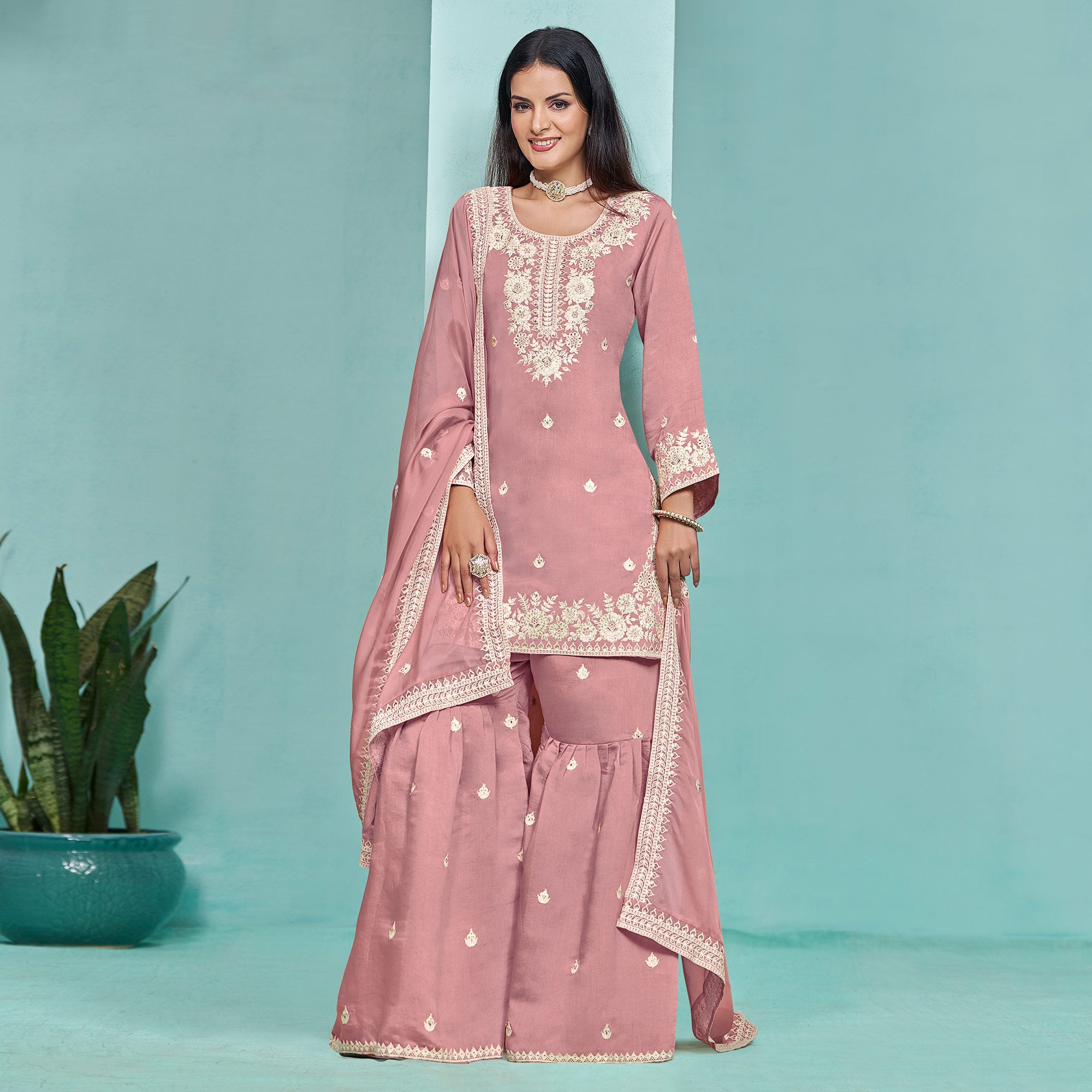 Pink Floral Sequins Embroidered Chanderi Semi Stitched Sharara Suit