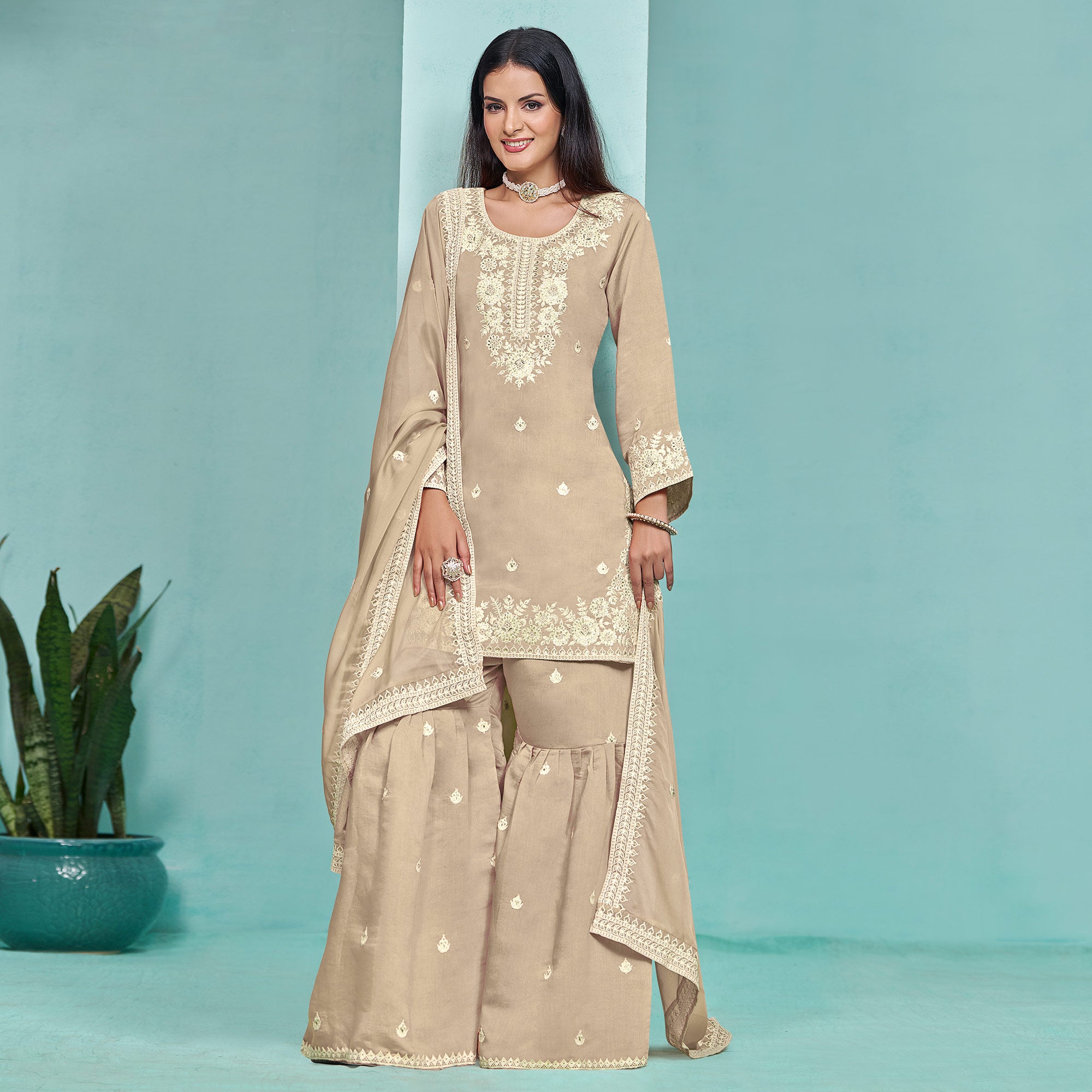 Cream Floral Sequins Embroidered Chanderi Semi Stitched Sharara Suit