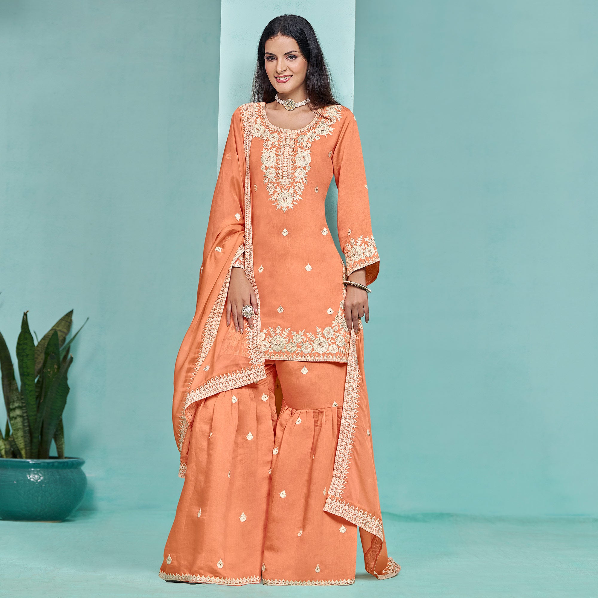 Orange Floral Sequins Embroidered Chanderi Semi Stitched Sharara Suit