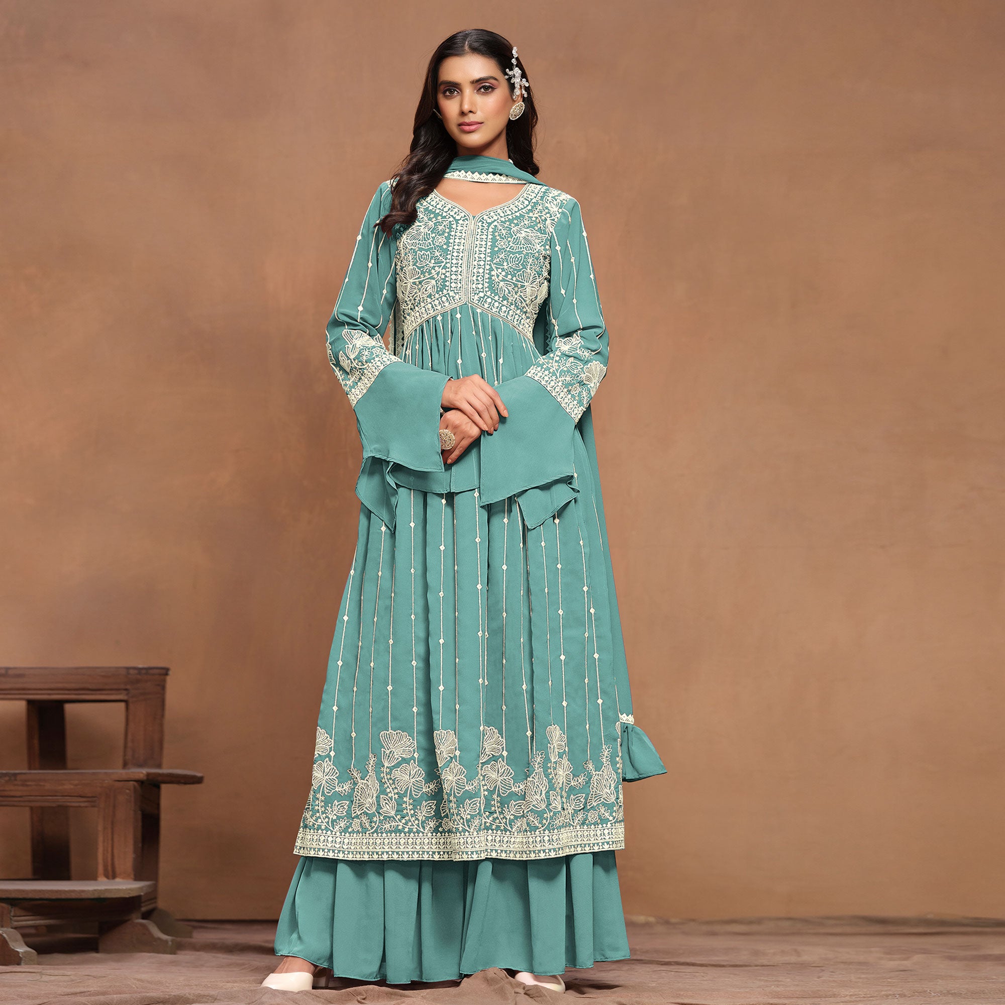 Sky Blue Floral Embroidered Georgette Semi Stitched Alia Cut Sharara Suit