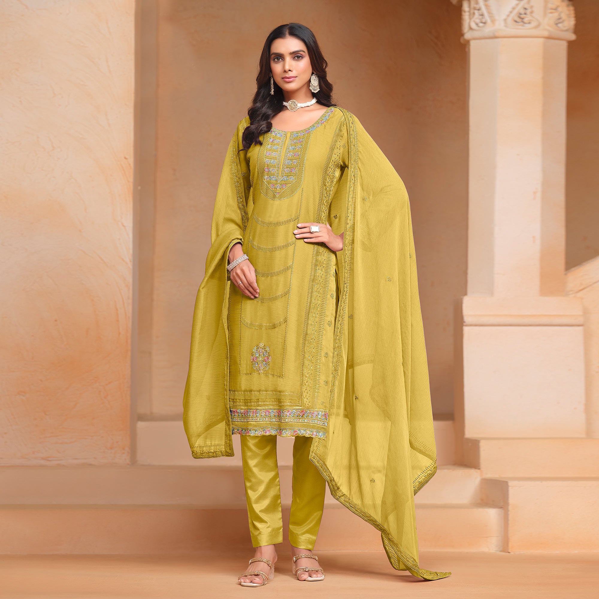 Yellow Floral Embroidered Organza Semi Stitched Salwar Suit