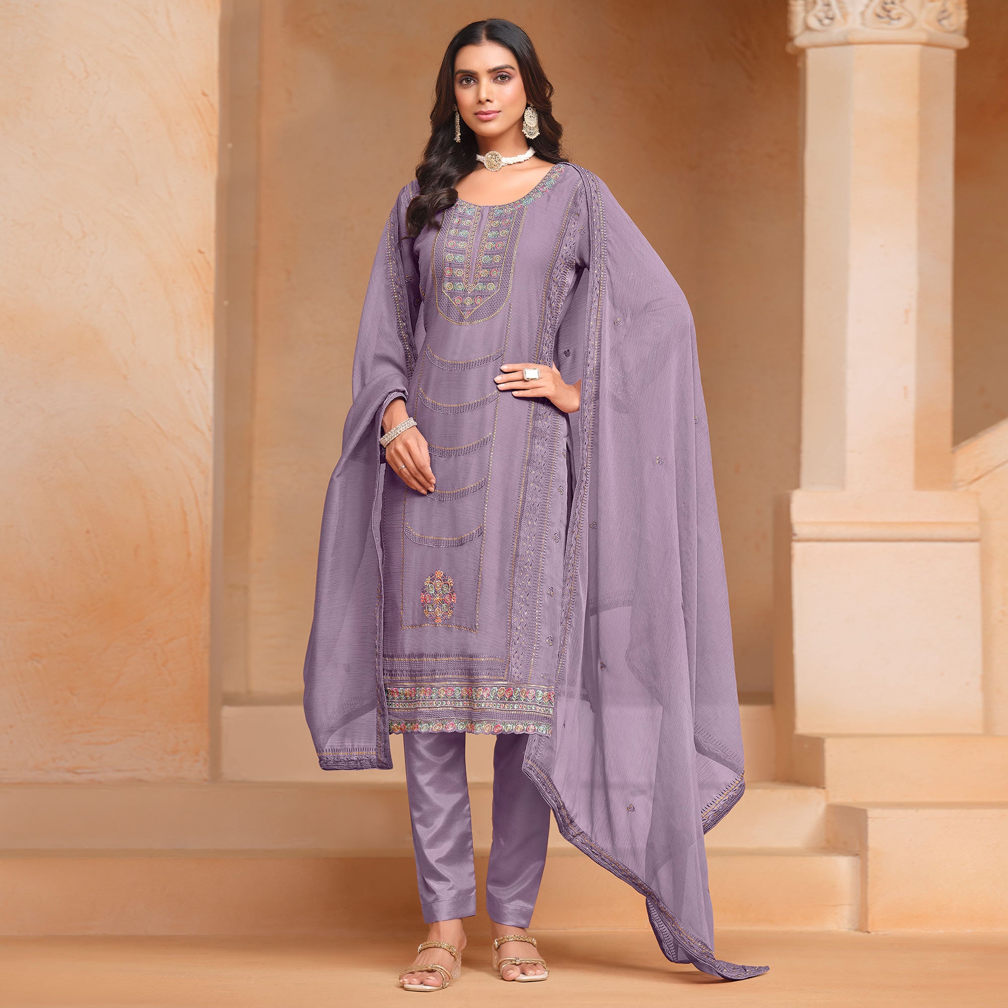 Lavender Floral Embroidered Organza Semi Stitched Salwar Suit