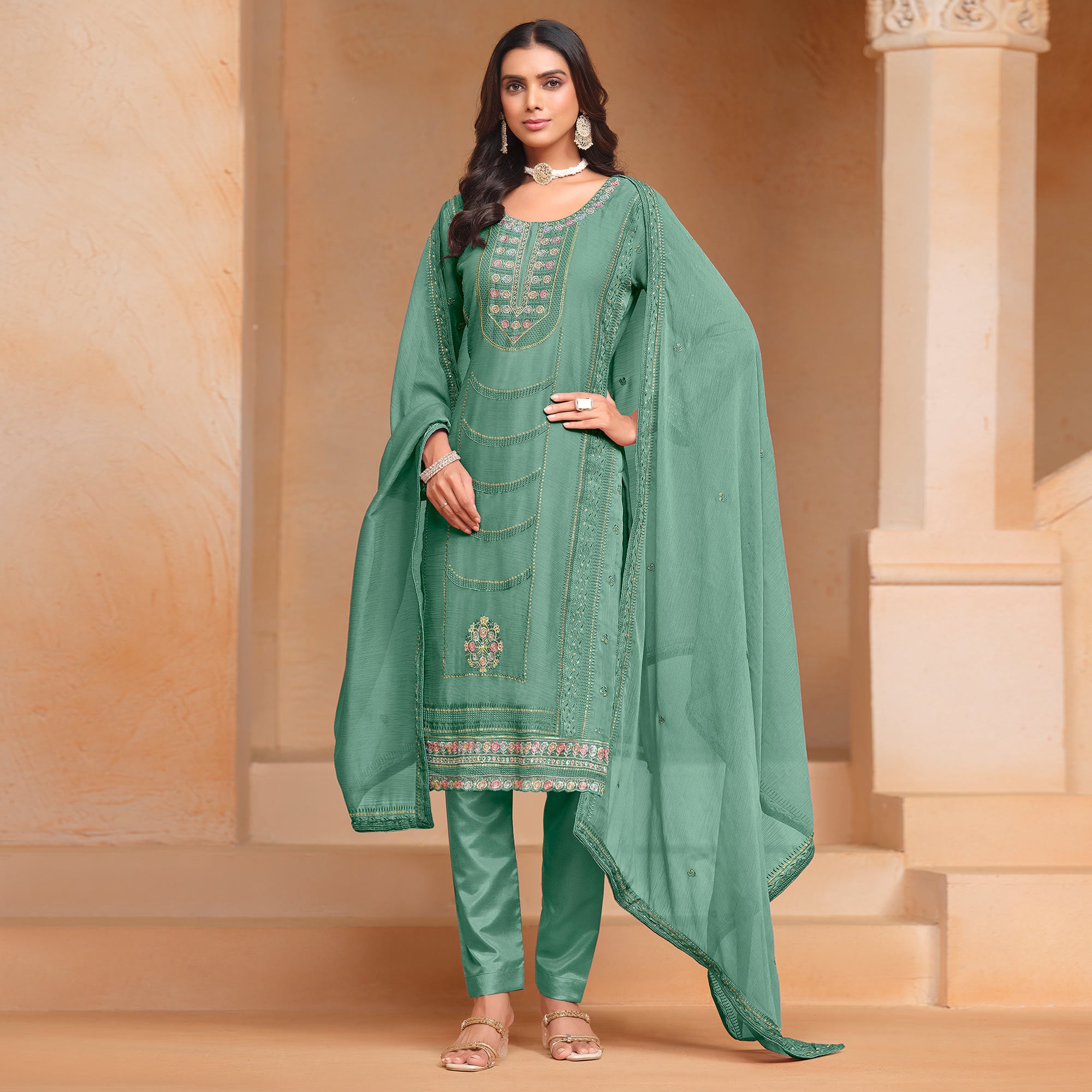 Green Floral Embroidered Organza Semi Stitched Salwar Suit