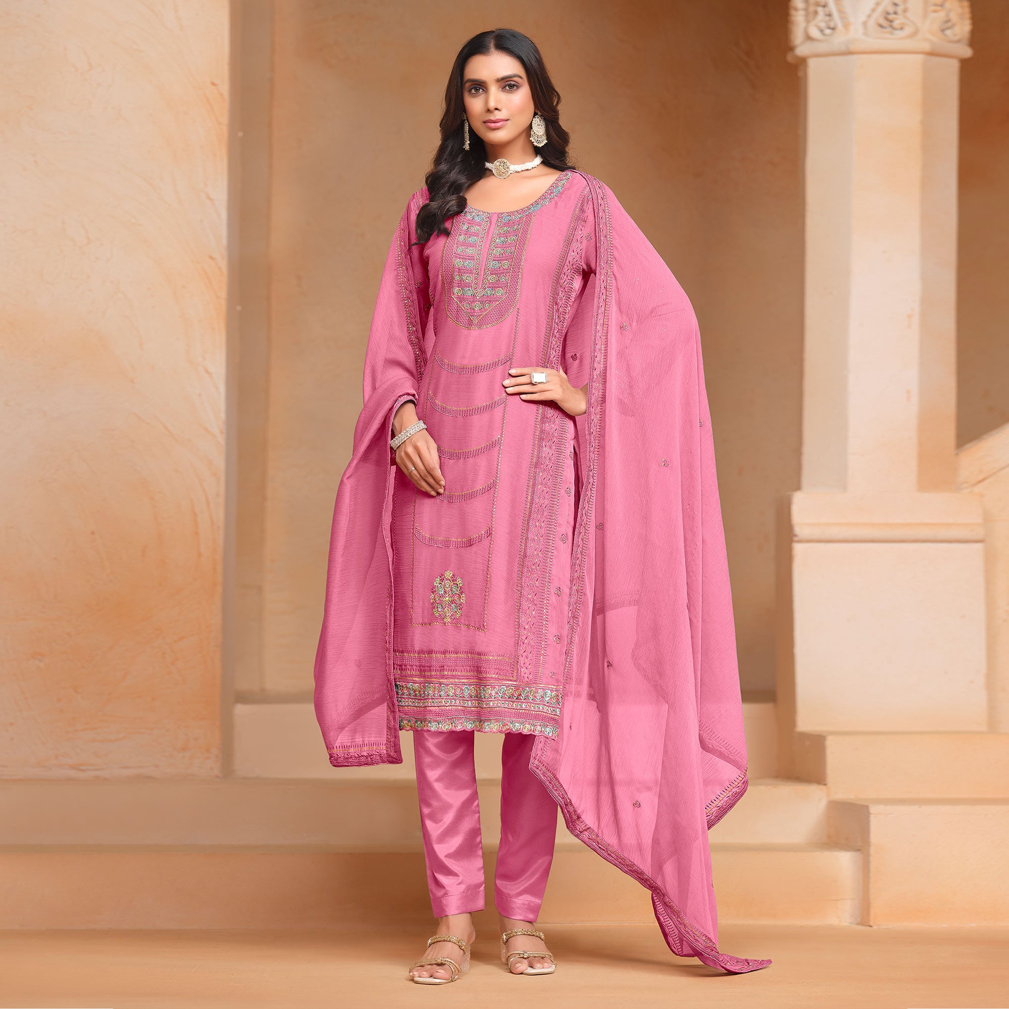 Pink Floral Embroidered Organza Semi Stitched Salwar Suit