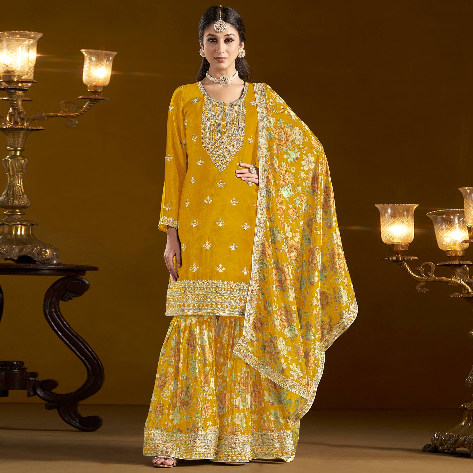 Mustard Floral Embroidered Chinon Semi Stitched Salwar Suit