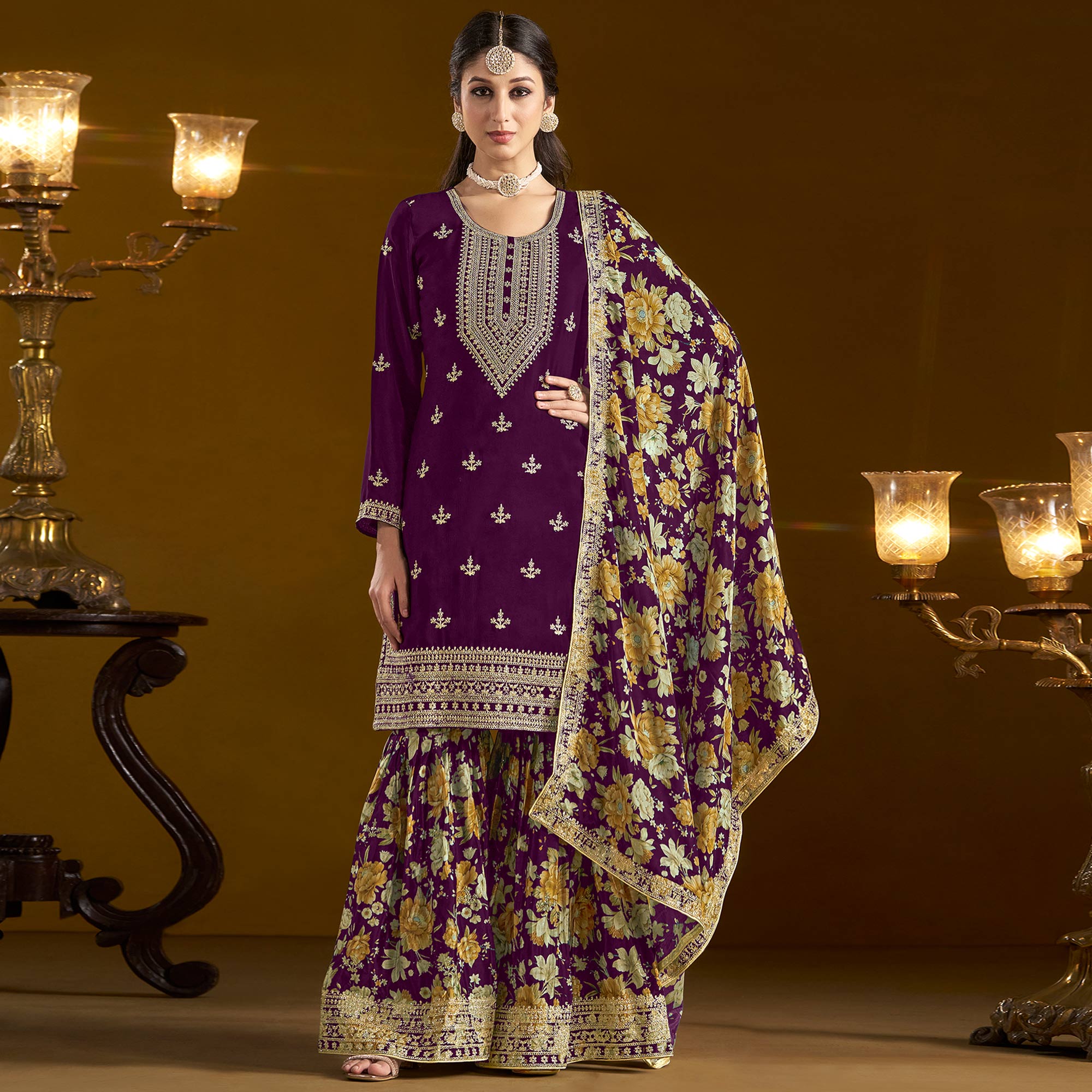 Purple Floral Embroidered Chinon Semi Stitched Salwar Suit