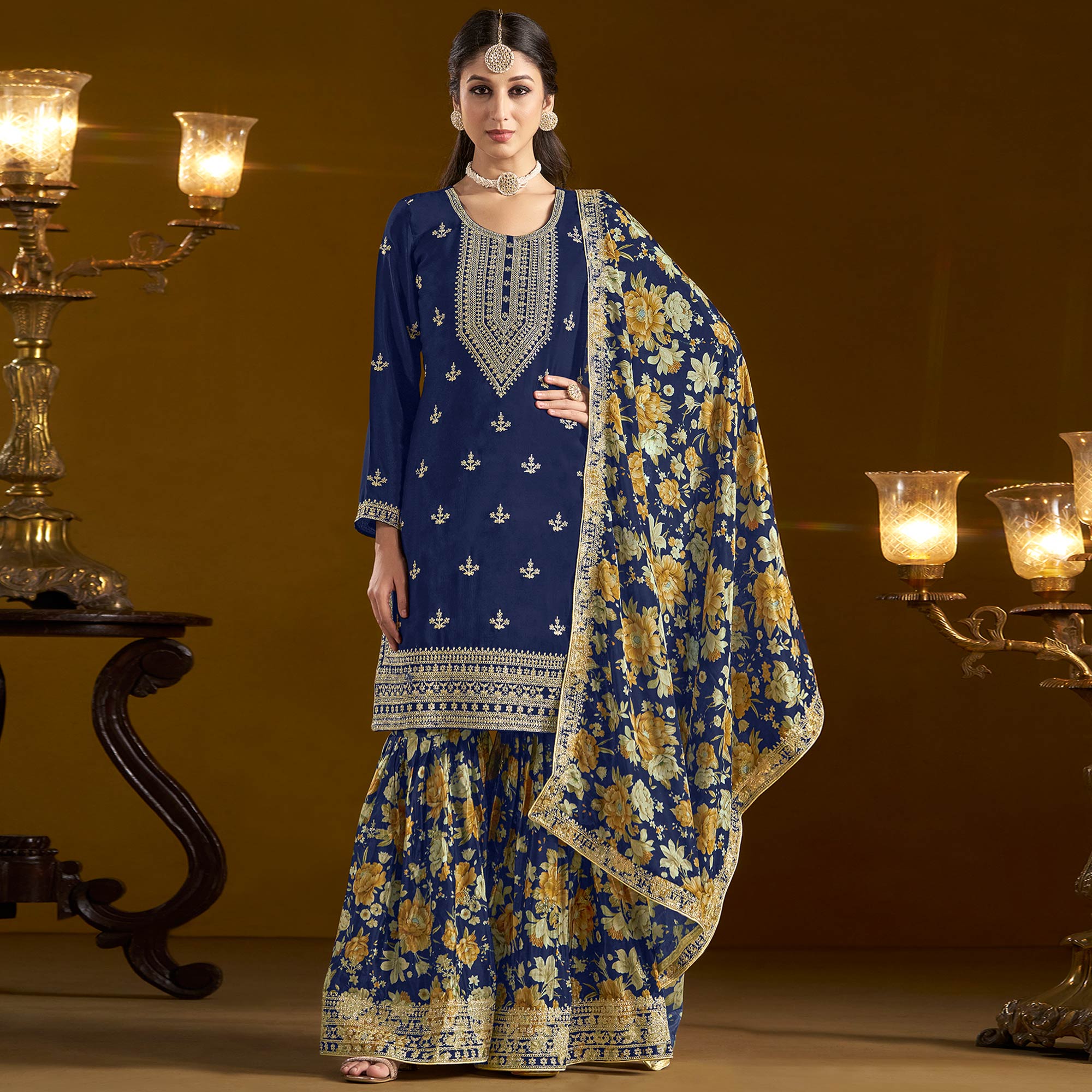 Blue Floral Embroidered Chinon Semi Stitched Salwar Suit