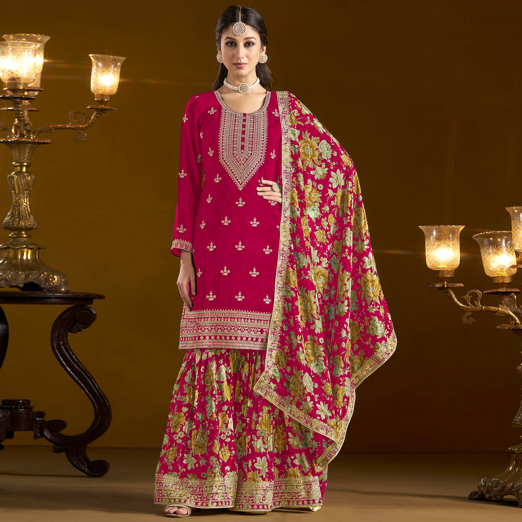 Pink Floral Embroidered Chinon Semi Stitched Salwar Suit