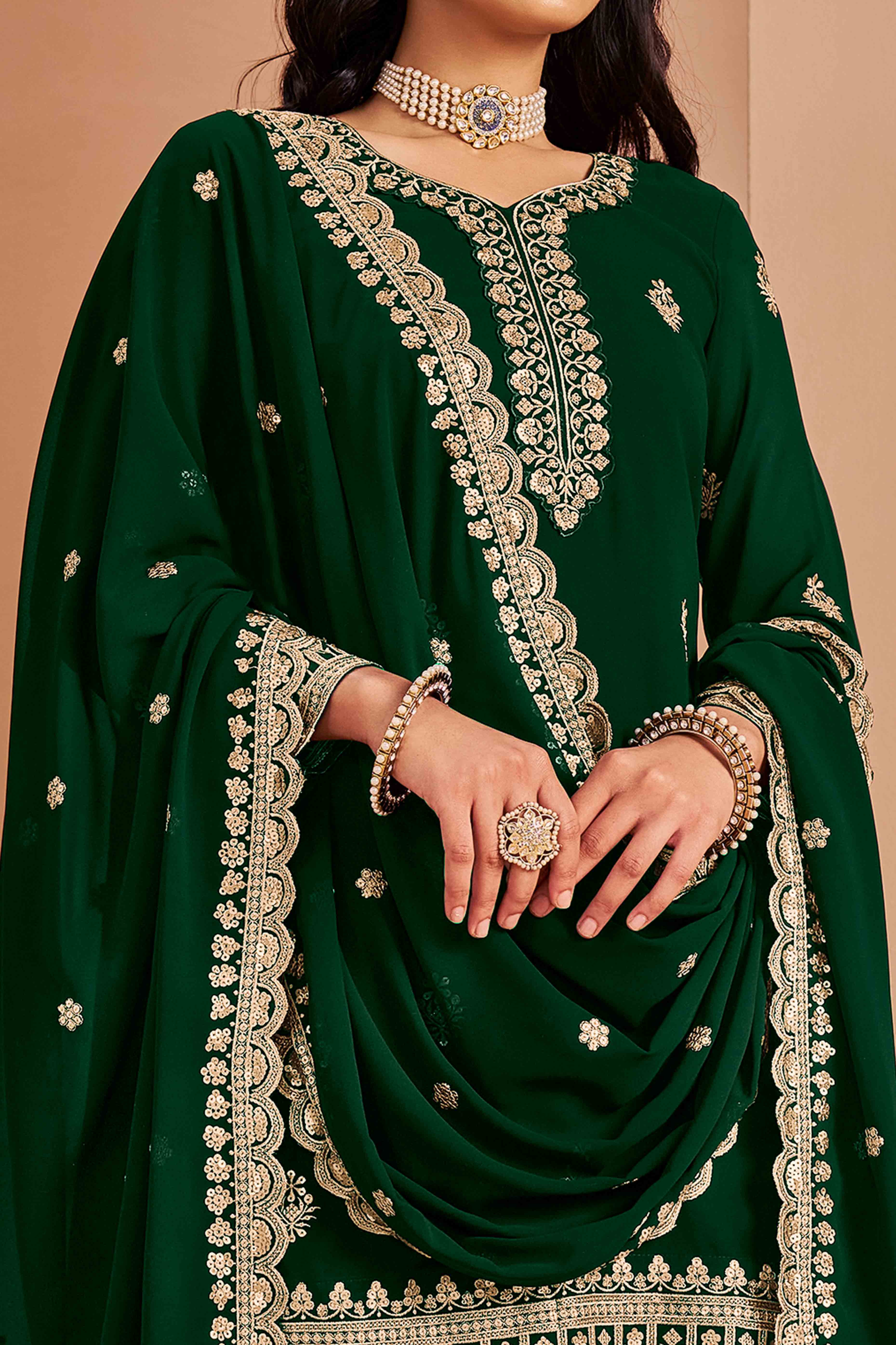 Green Floral Embroidery Georgette Semi Stitched Palazzo Suit