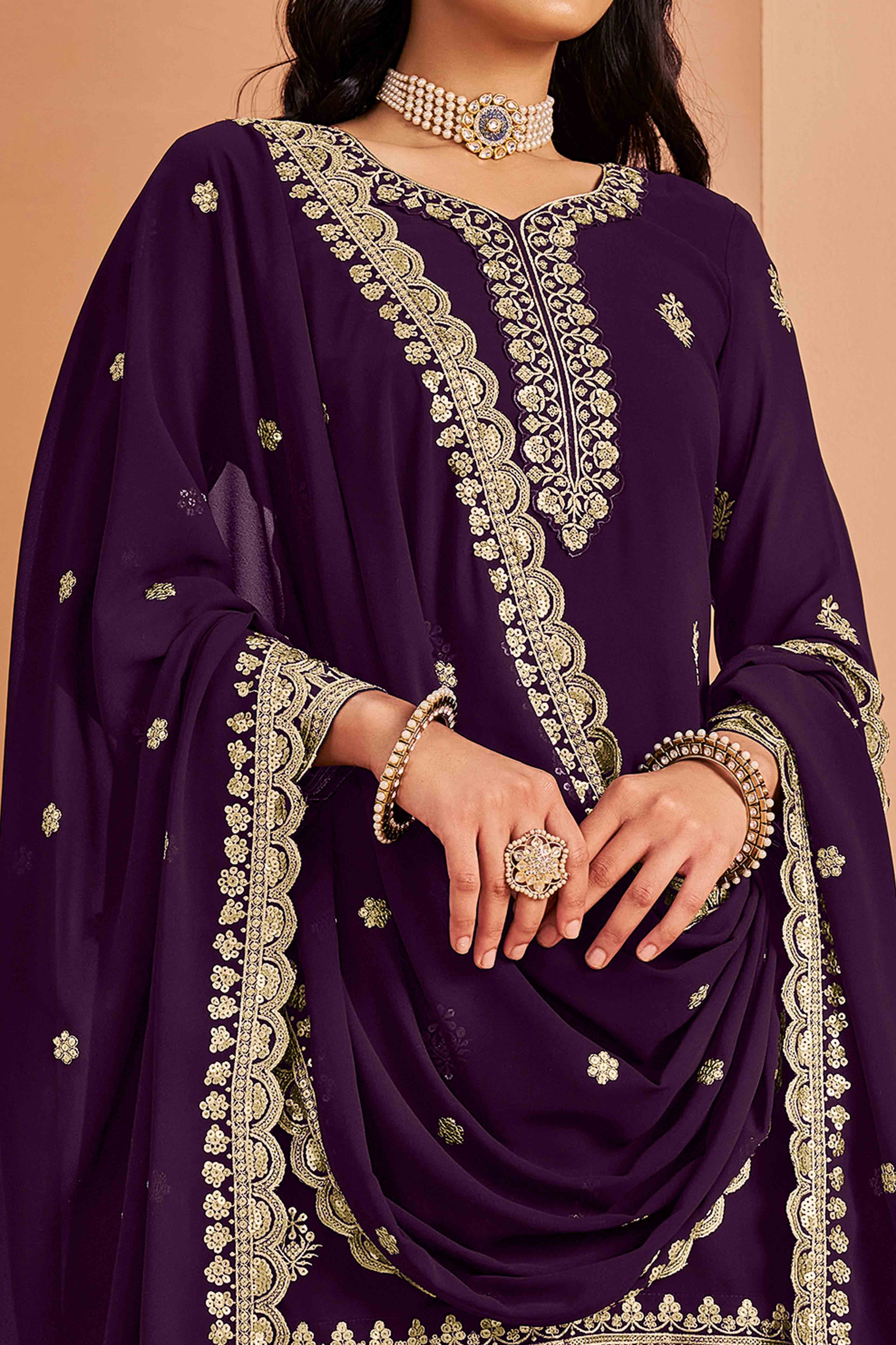 Purple Floral Embroidery Georgette Semi Stitched Palazzo Suit