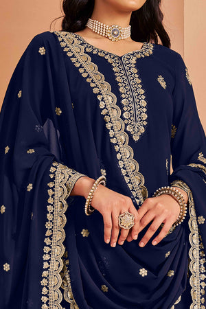 Blue Floral Embroidery Georgette Semi Stitched Palazzo Suit