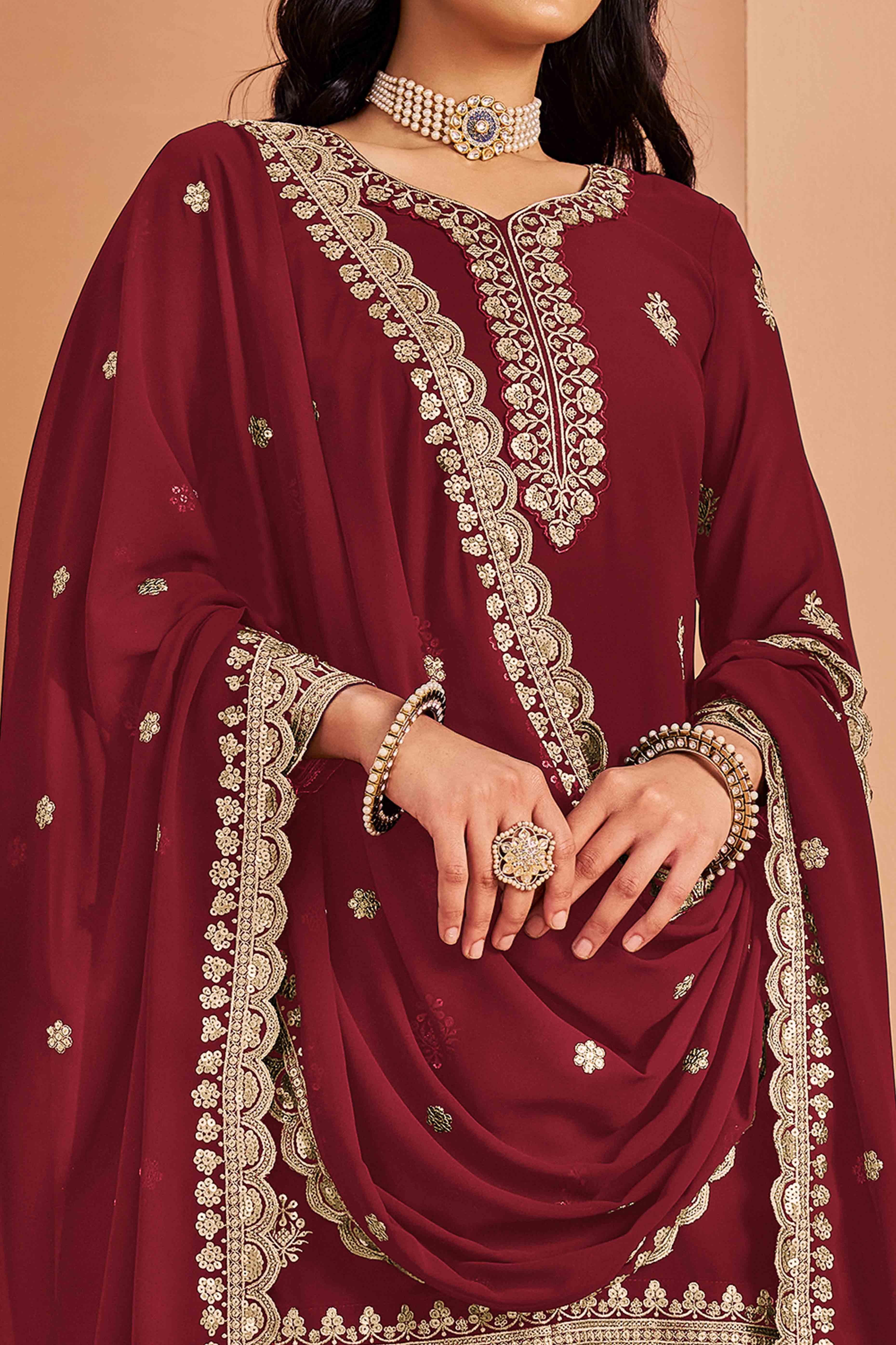 Maroon Floral Embroidery Georgette Semi Stitched Palazzo Suit