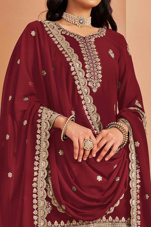 Maroon Floral Embroidery Georgette Semi Stitched Palazzo Suit