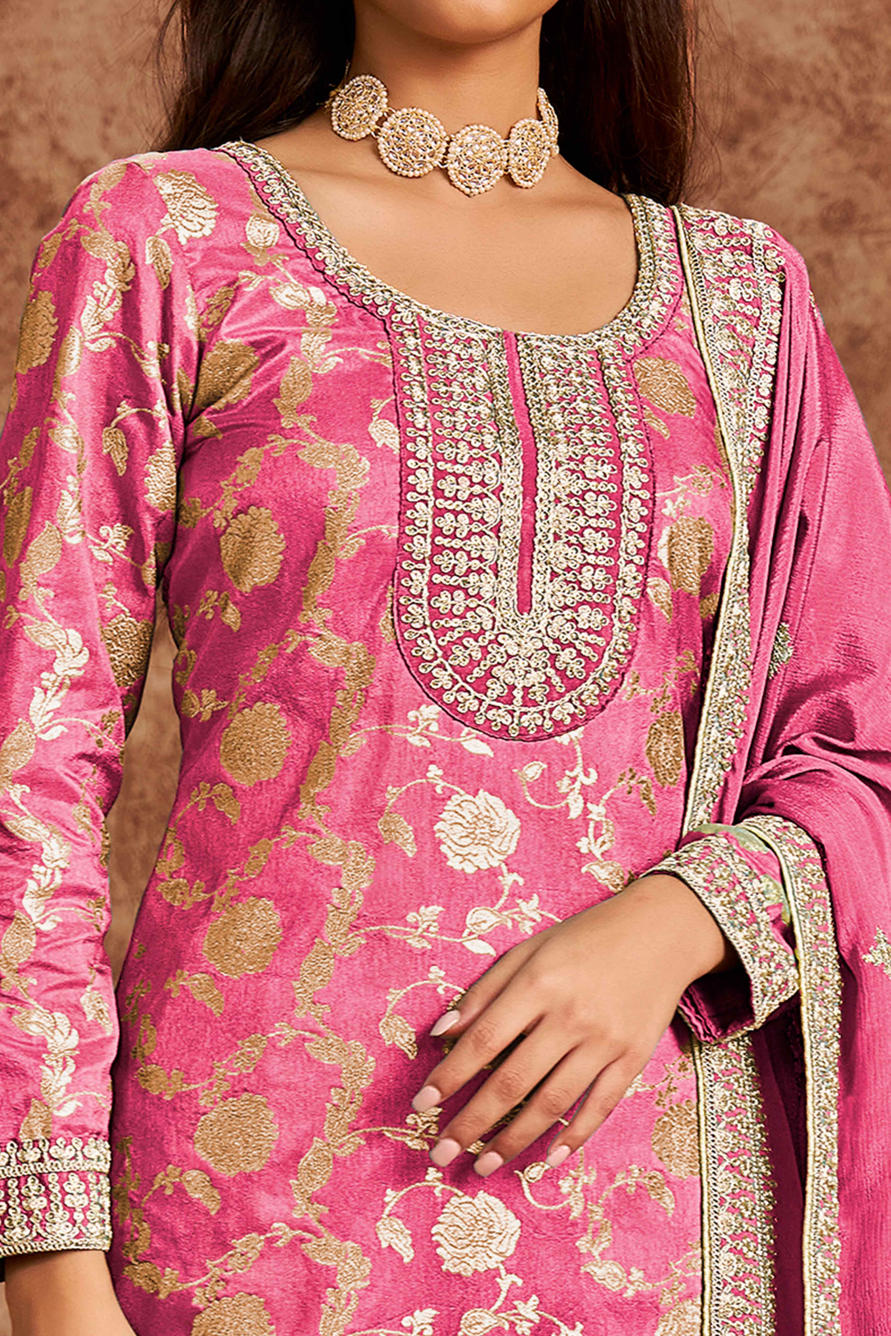 Pink Floral Woven Dola Silk Jacquard Dress Material