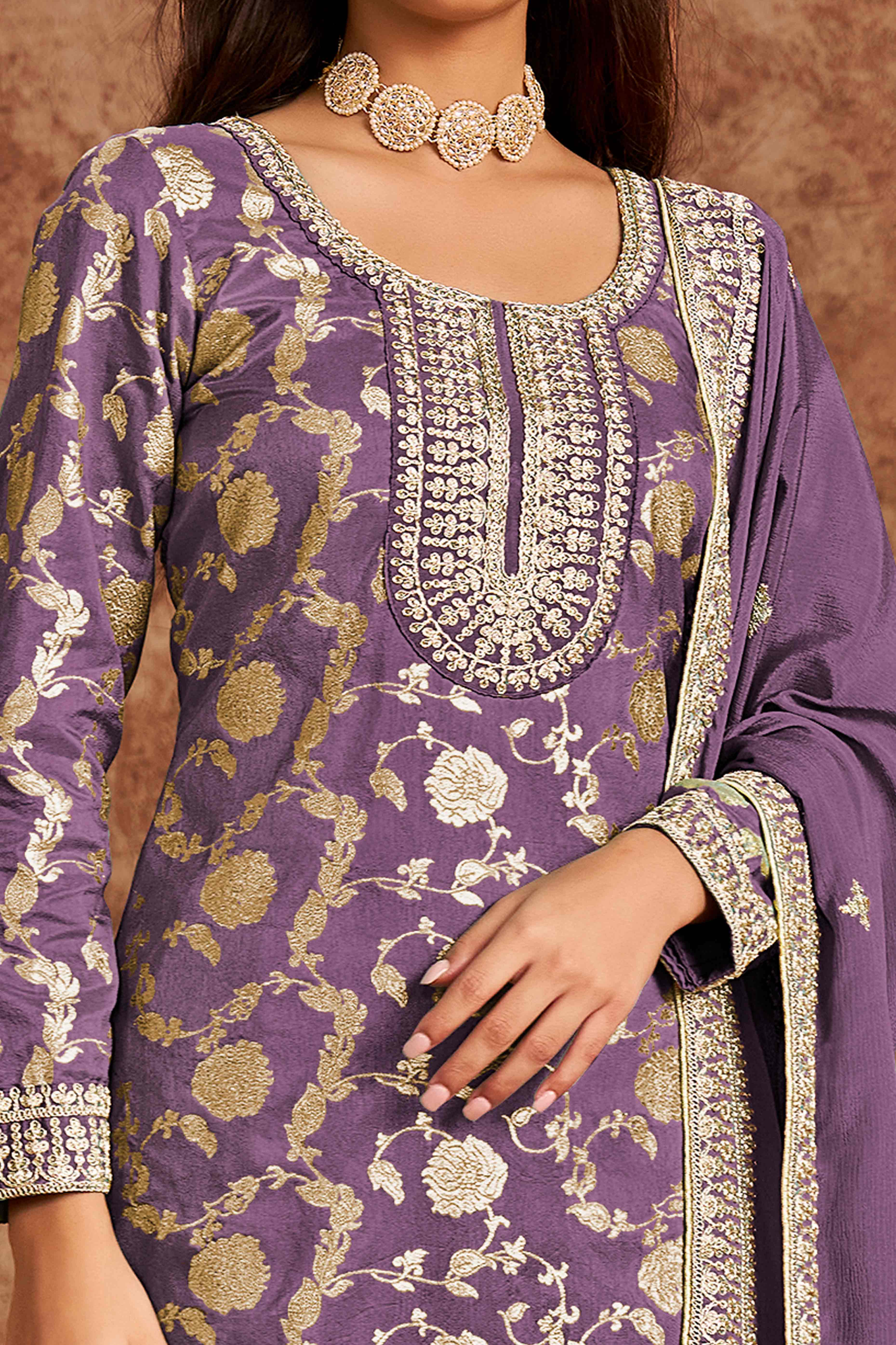 Purple Floral Woven Dola Silk Jacquard Dress Material