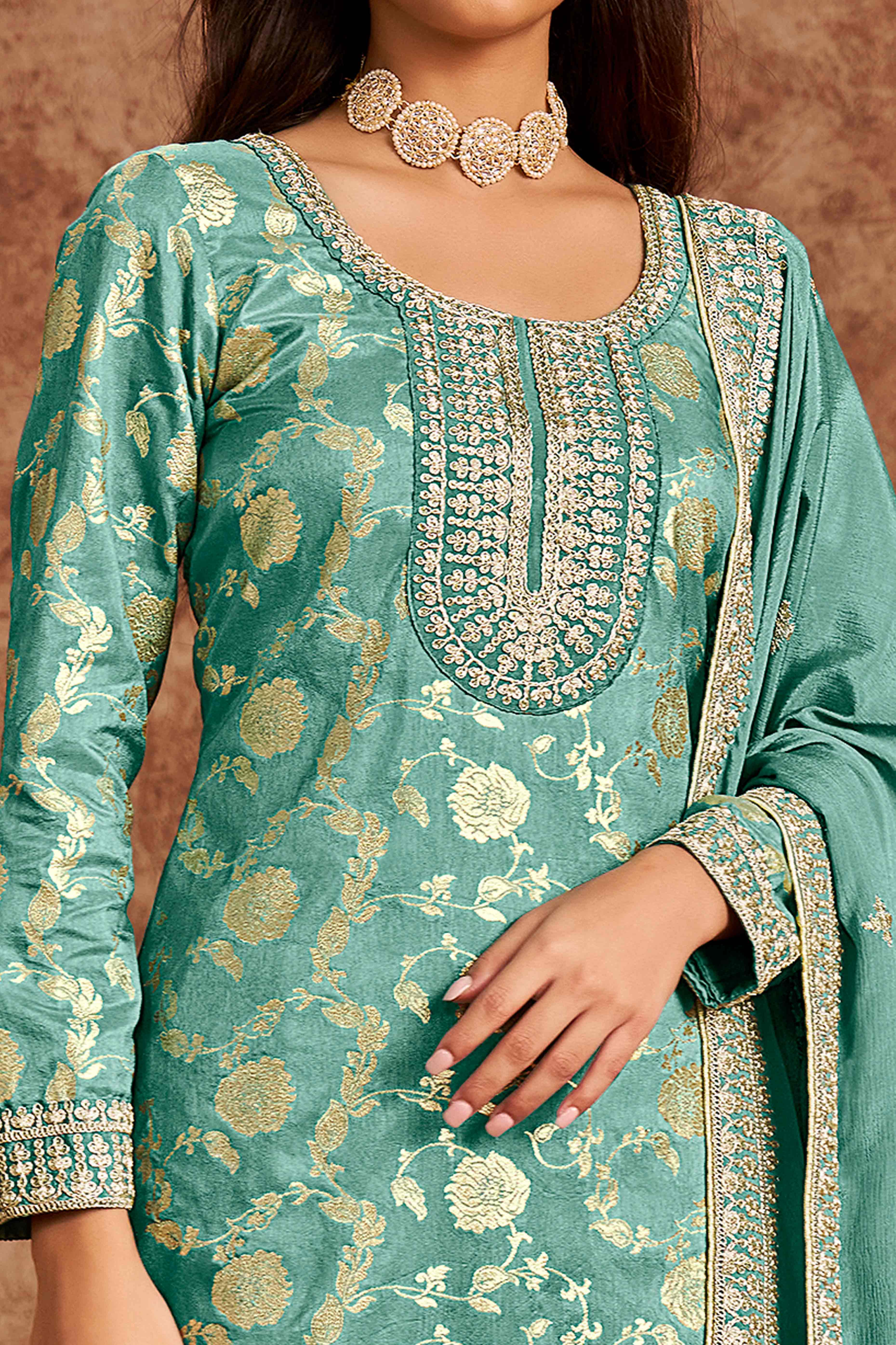 Turquoise Floral Woven Dola Silk Jacquard Dress Material