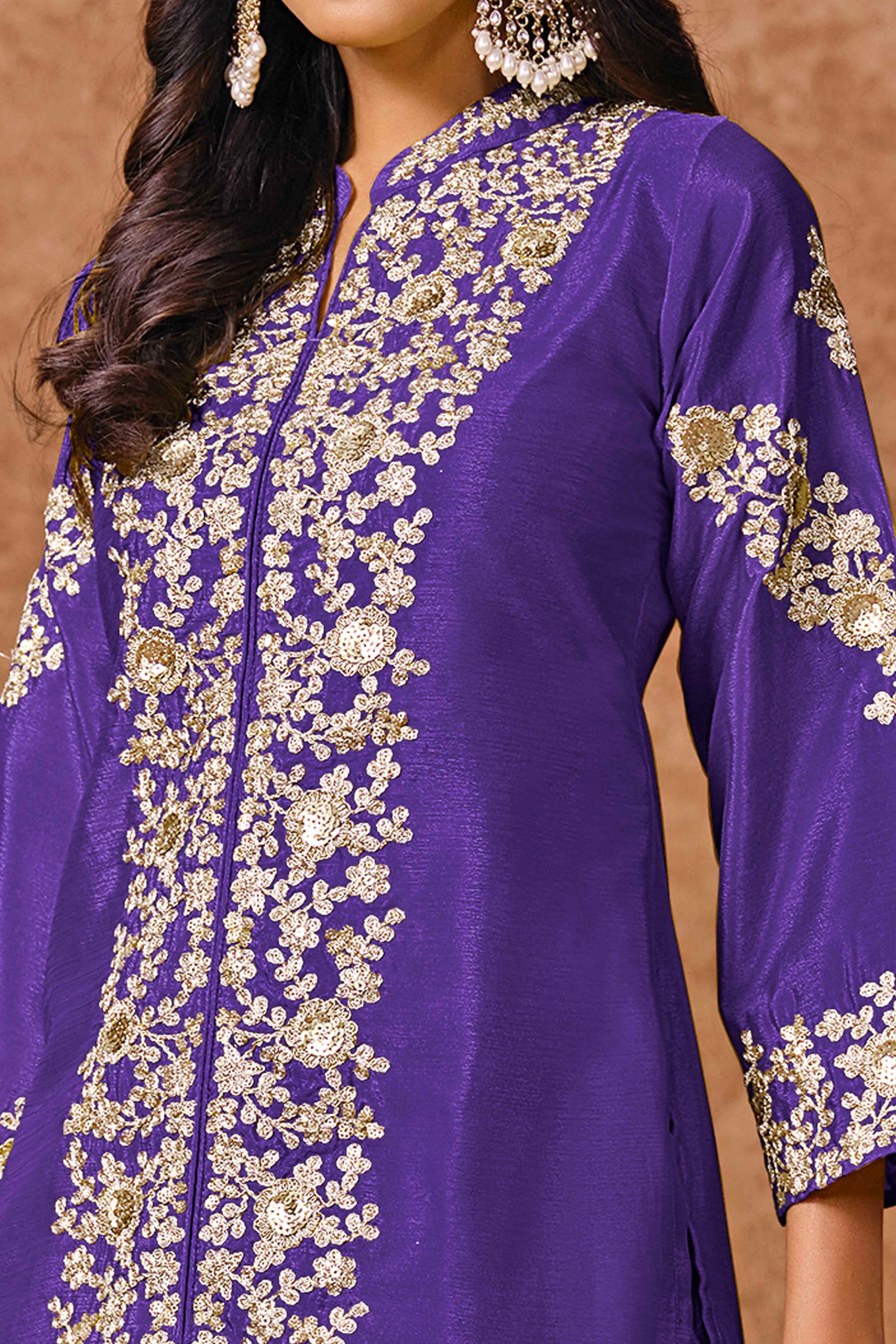 Violet Chinon Palazzo Suit With Floral Sequins & Cording Embroidery Work