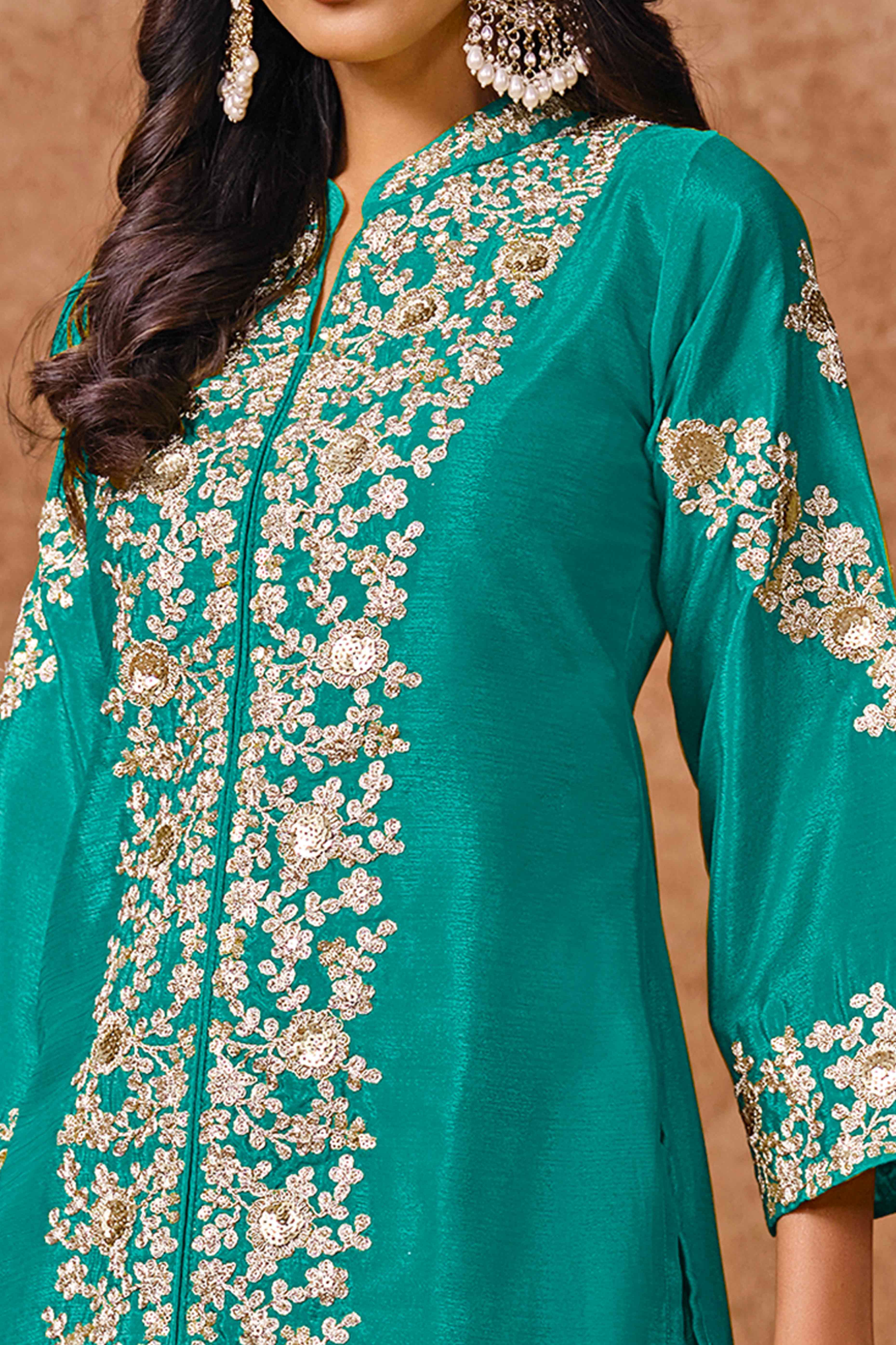 Rama Blue Chinon Palazzo Suit With Floral Sequins & Cording Embroidery Work