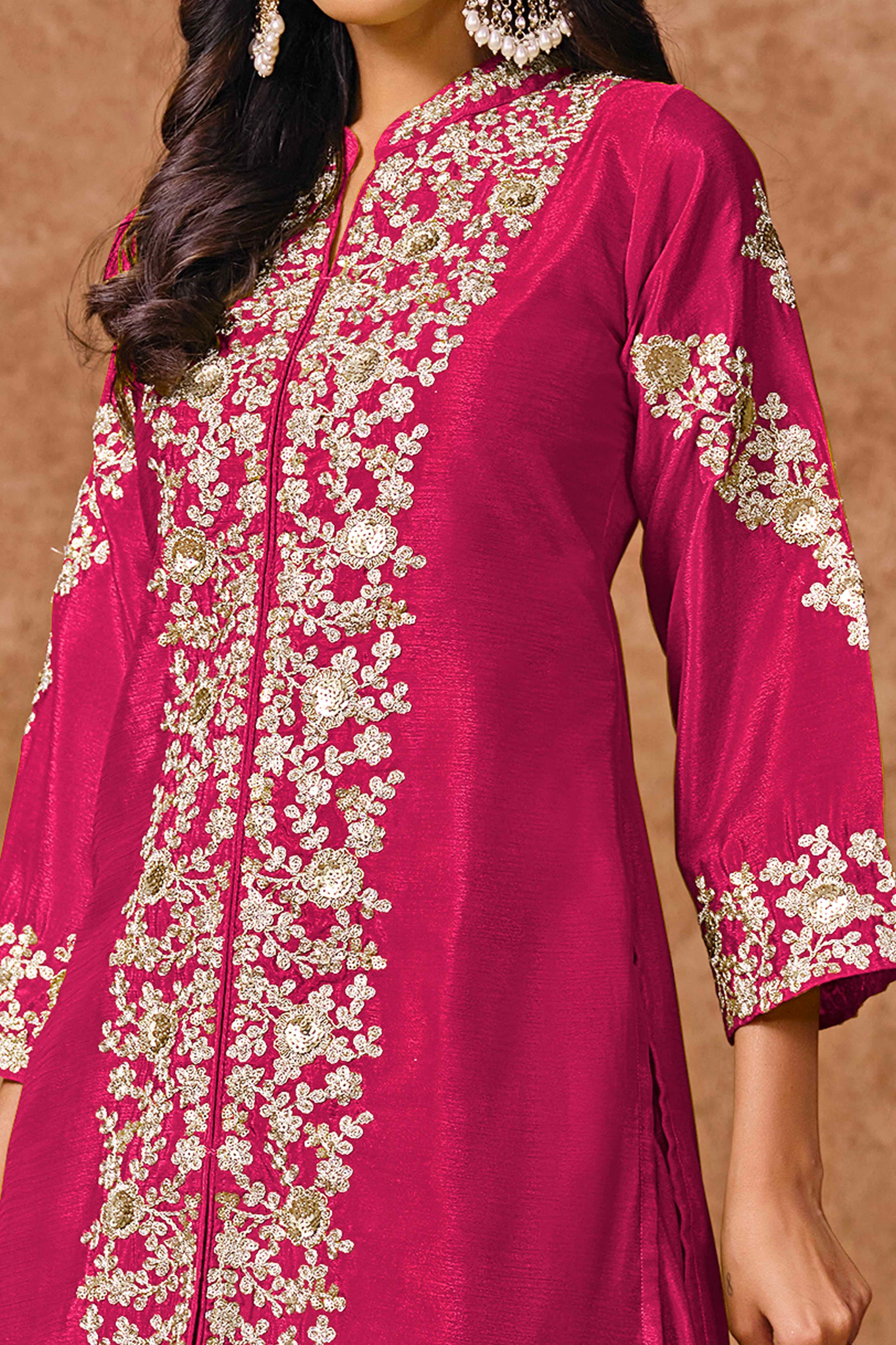 Rani Pink Chinon Palazzo Suit With Floral Sequins & Cording Embroidery Work
