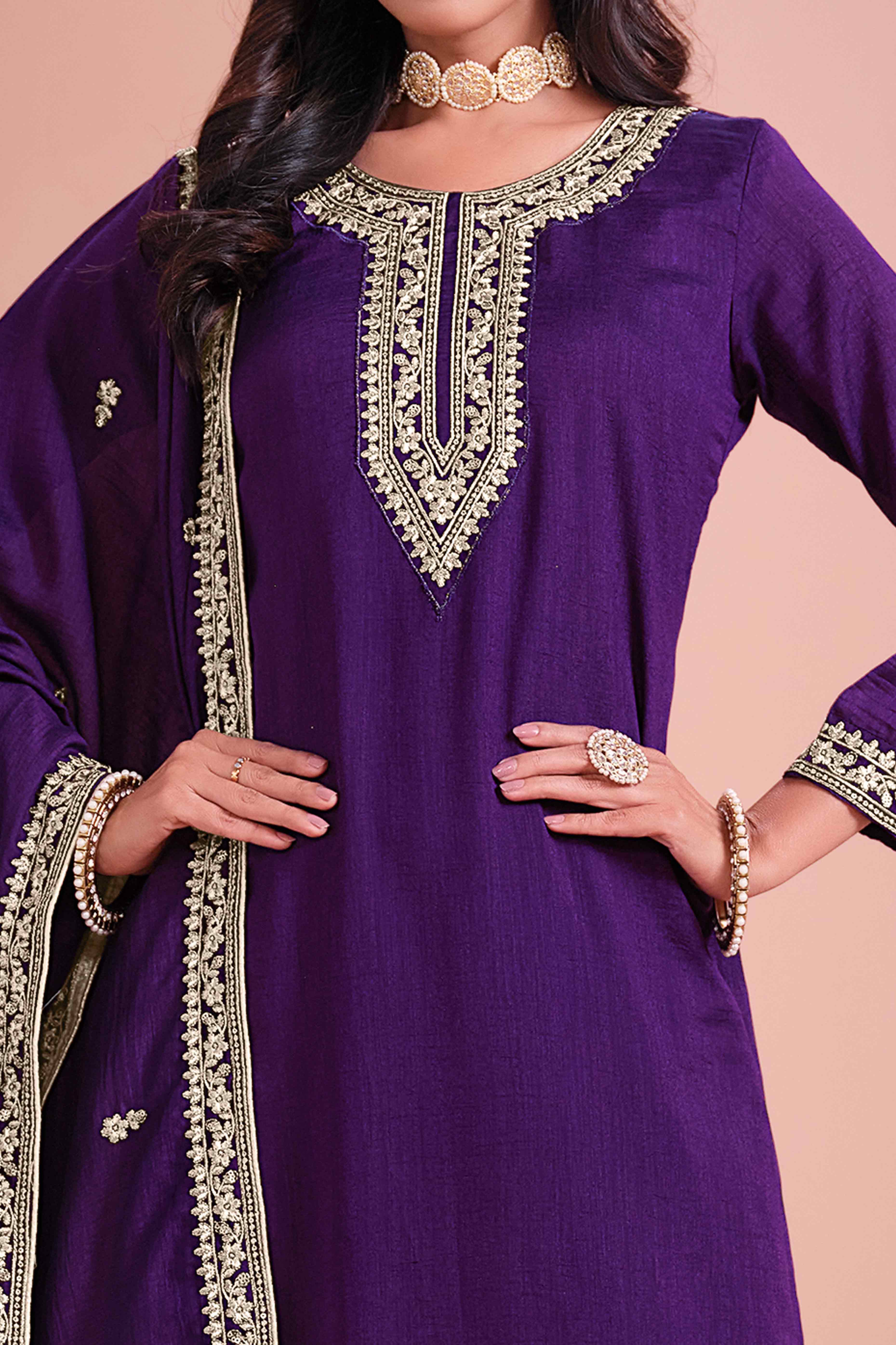 Purple Floral Semi-Stitched Art Silk Sharara Suit With Sequins Embroidery Work