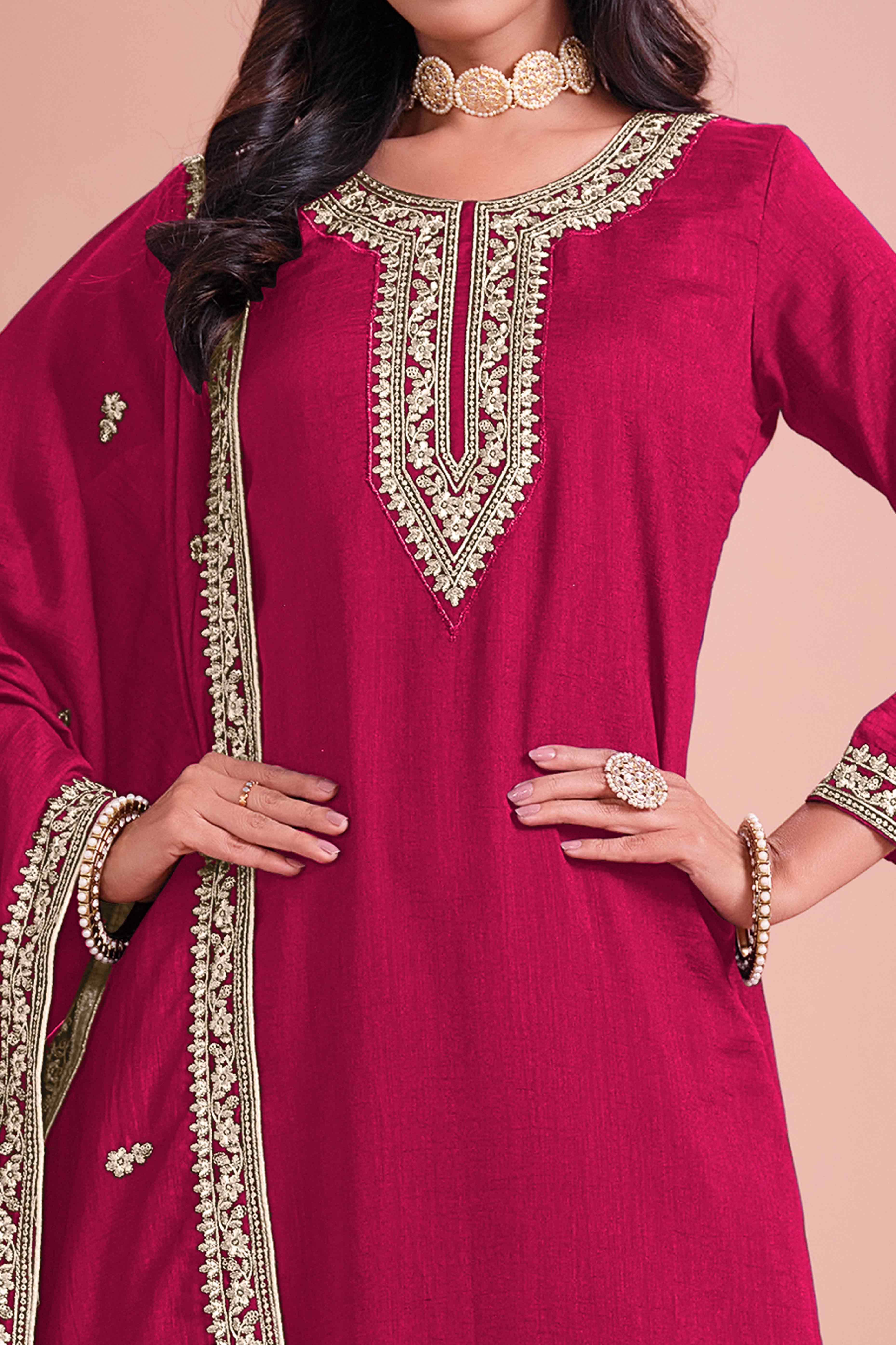 Pink Floral Semi-Stitched Art Silk Sharara Suit With Sequins Embroidery Work