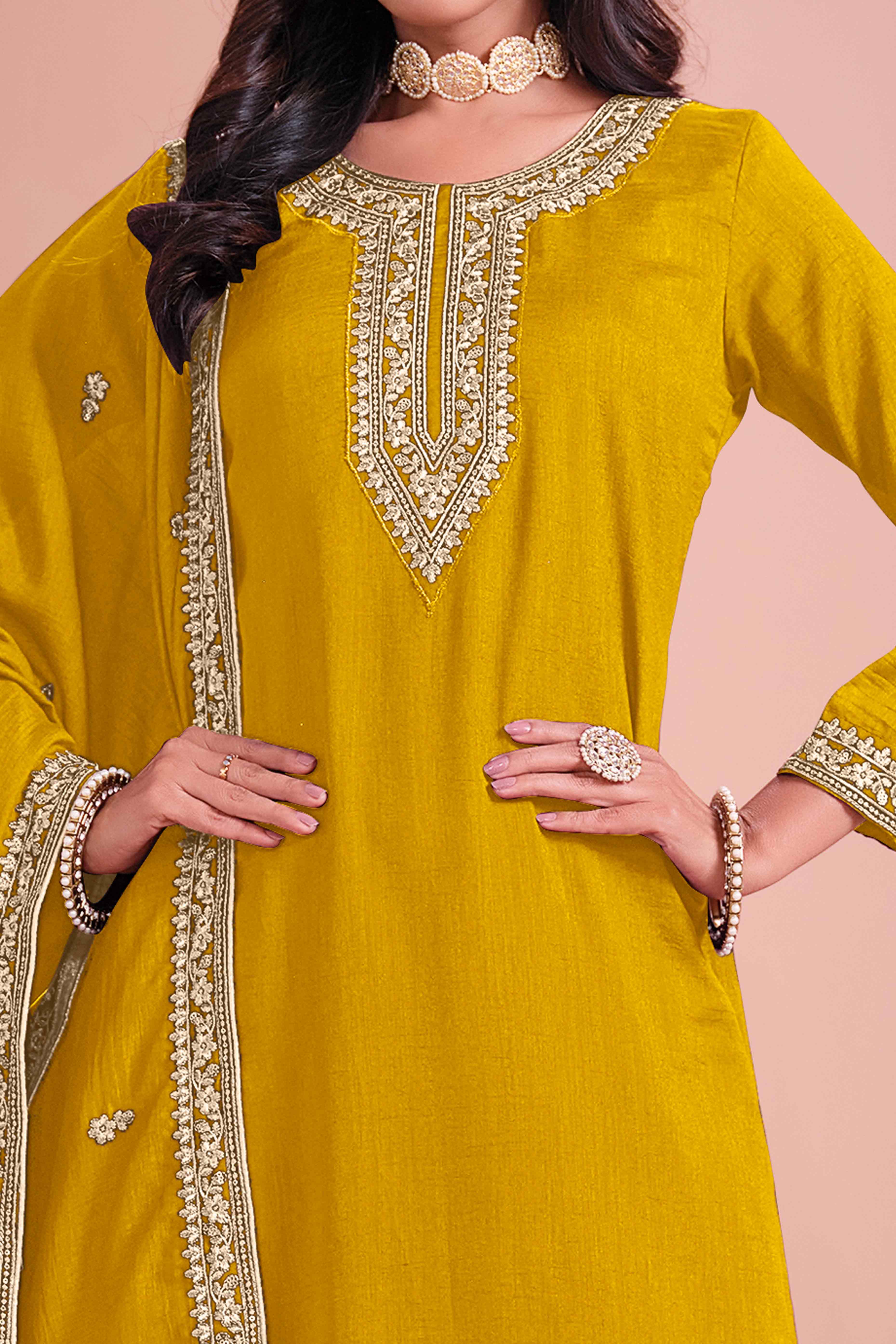 Mustard Floral Semi-Stitched Art Silk Sharara Suit With Sequins Embroidery Work