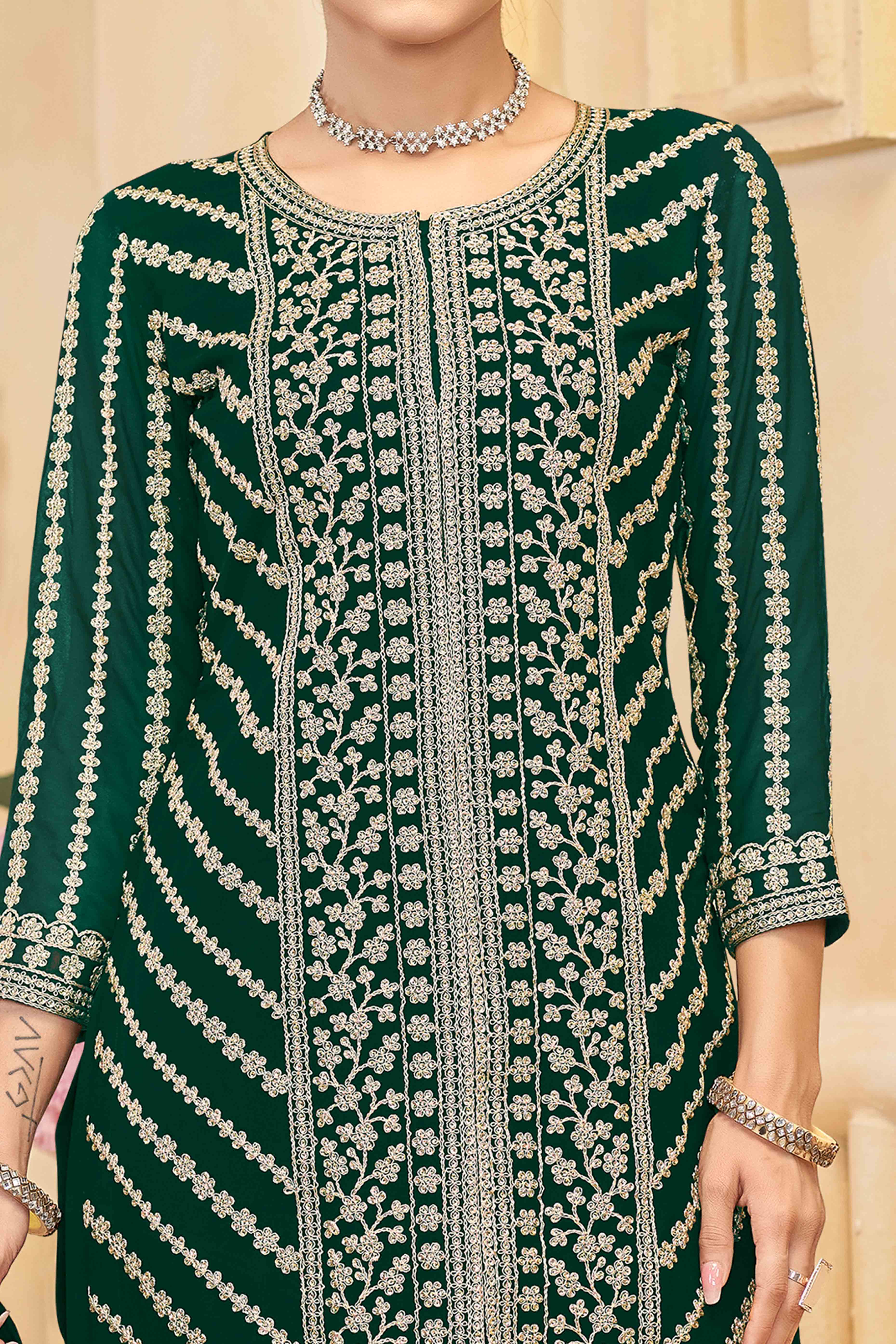 Green Georgette Palazzo Suit Adorned With Floral Sequins & Cording Embroidery