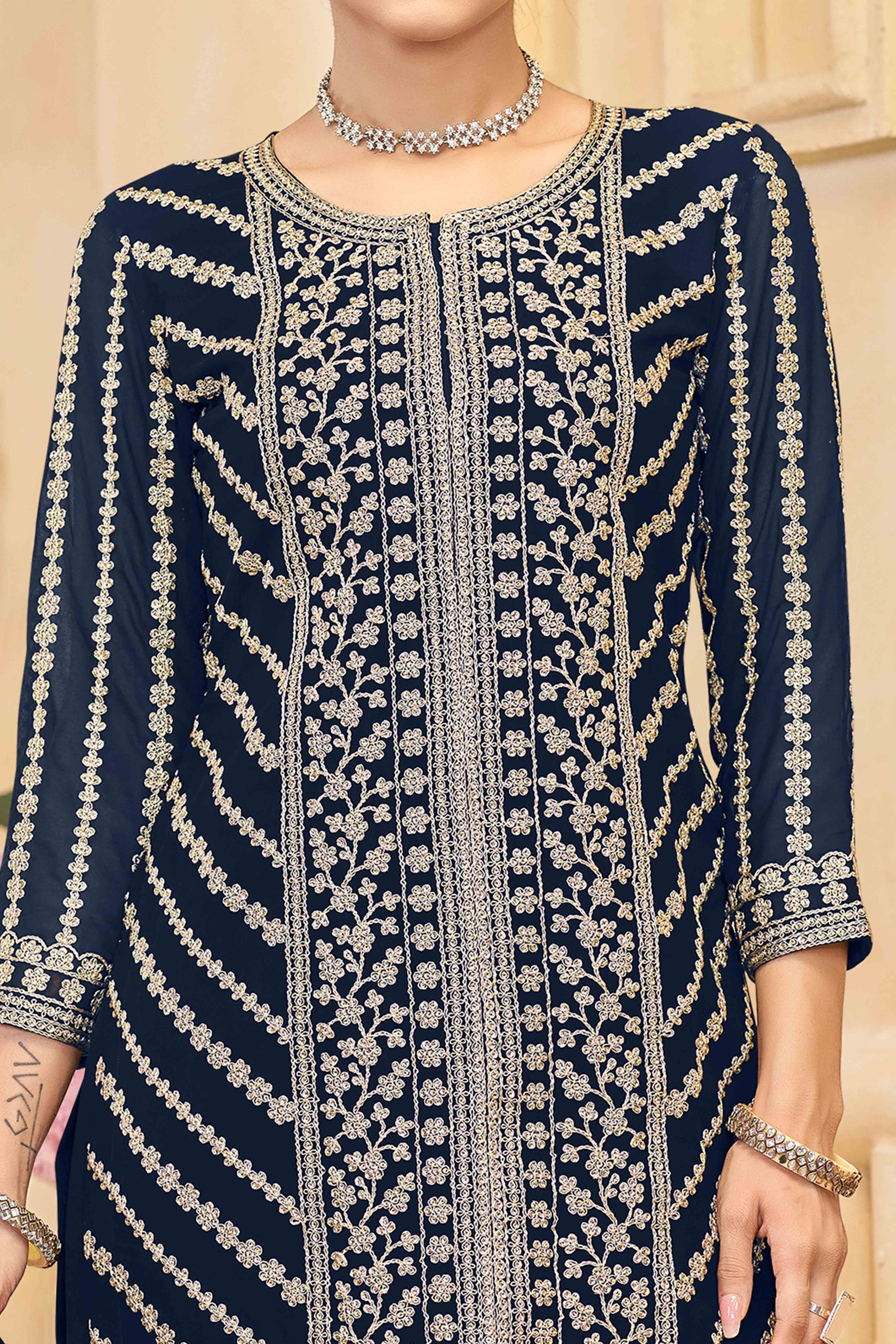 Navy Blue Georgette Palazzo Suit Adorned With Floral Sequins & Cording Embroidery