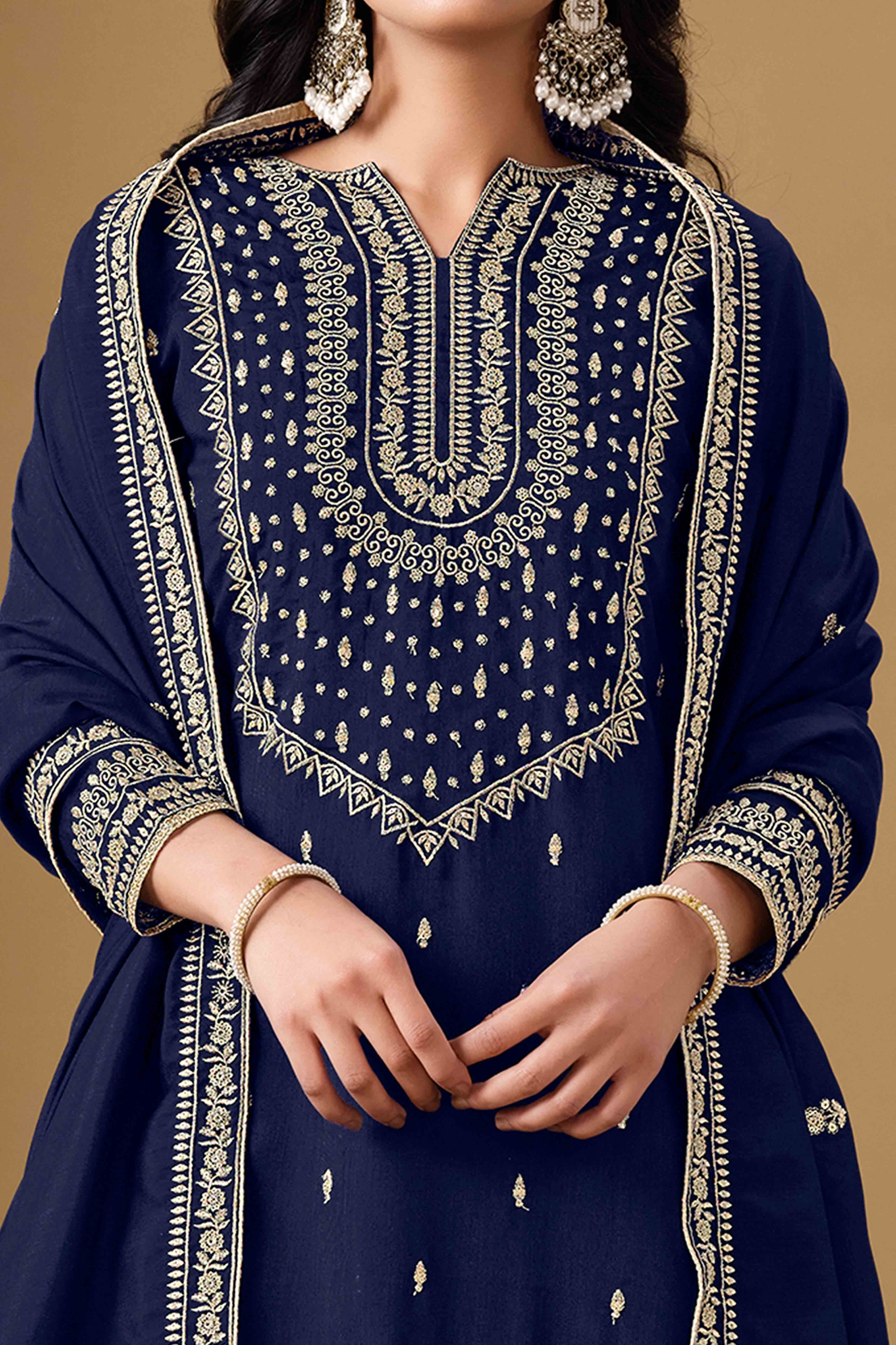 Navy Blue Art Silk Sharara Suit With Floral Sequins Embroidery Work