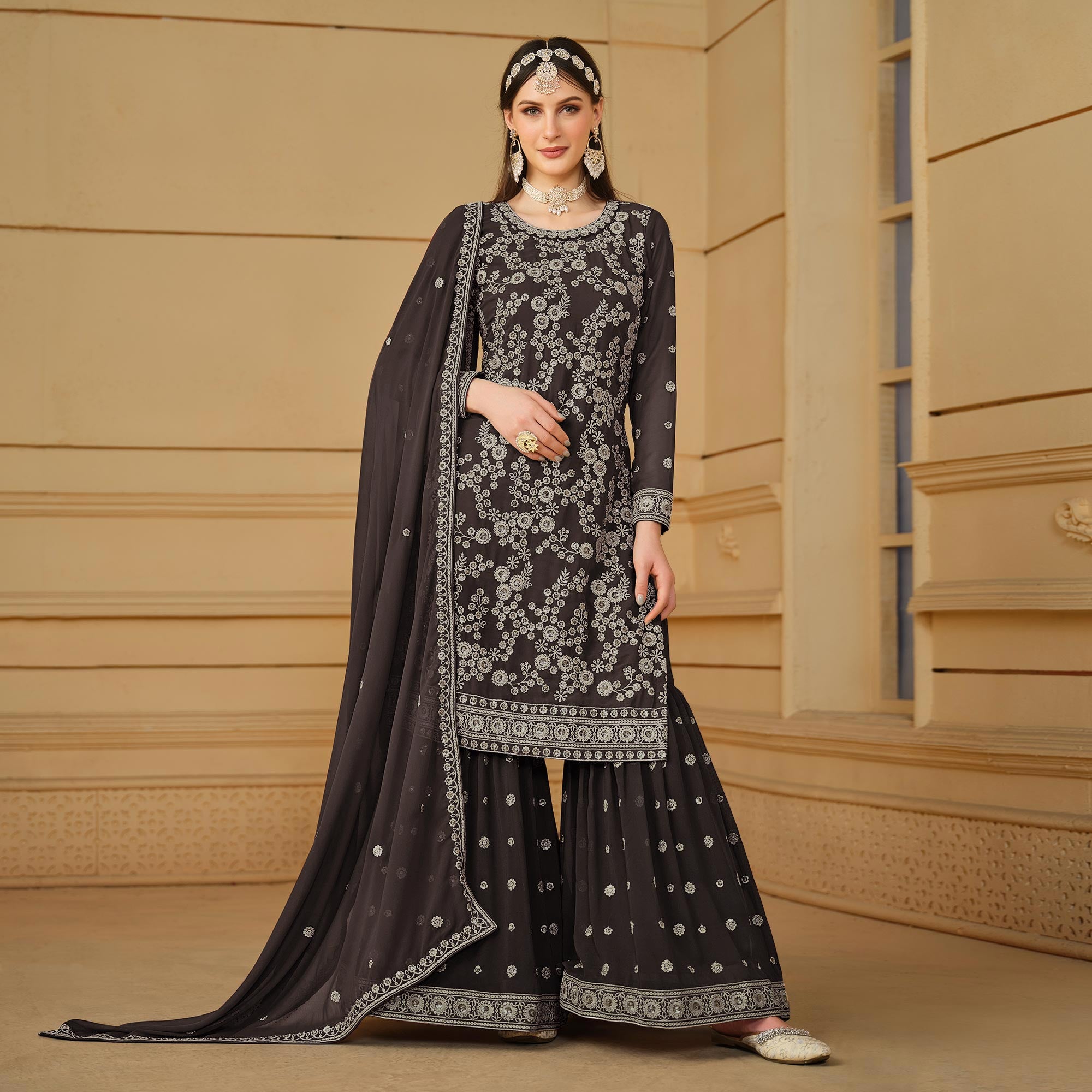 Dark Grey Floral Embroidered Georgette Semi Stitched Sharara Suit
