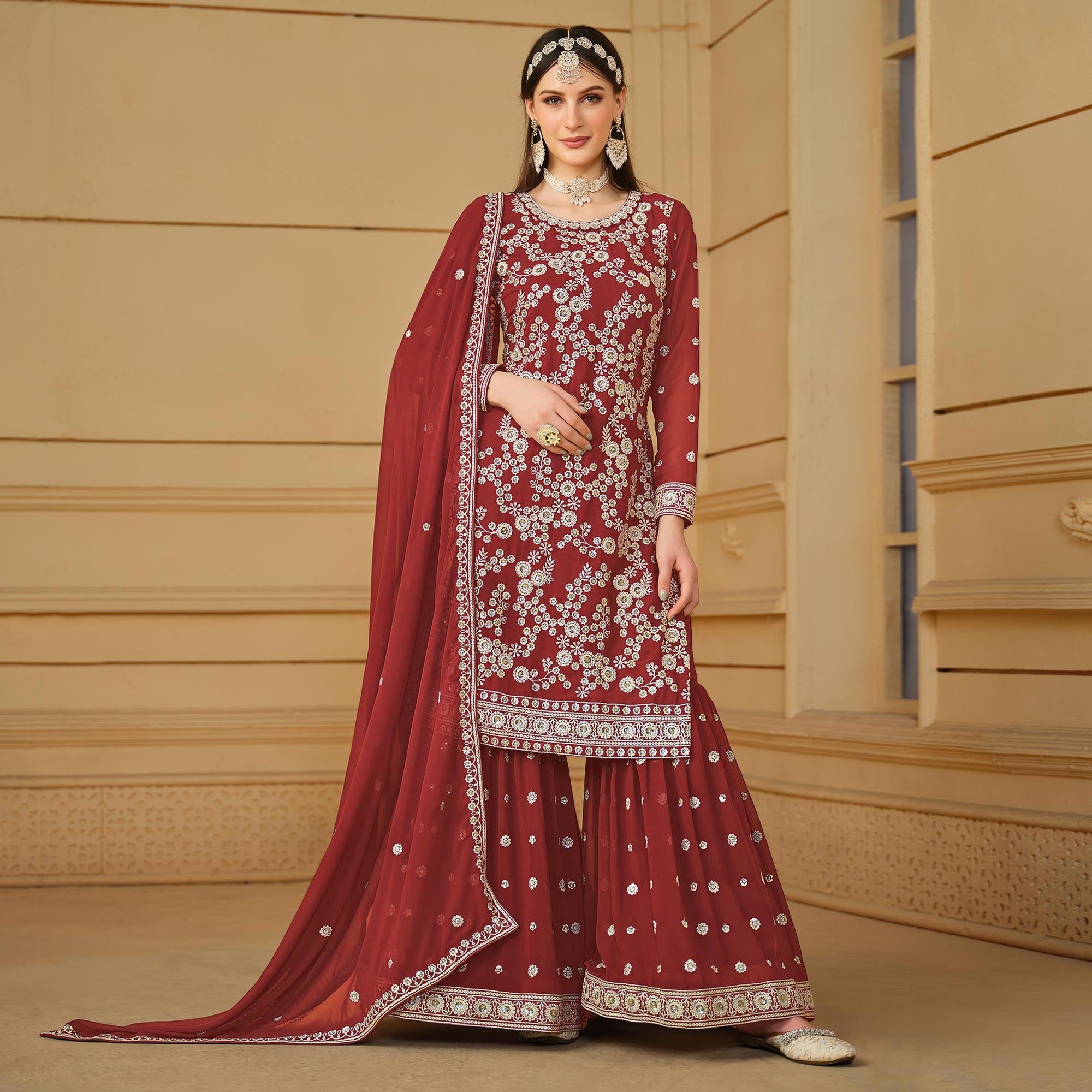 Rust Floral Embroidered Georgette Semi Stitched Sharara Suit