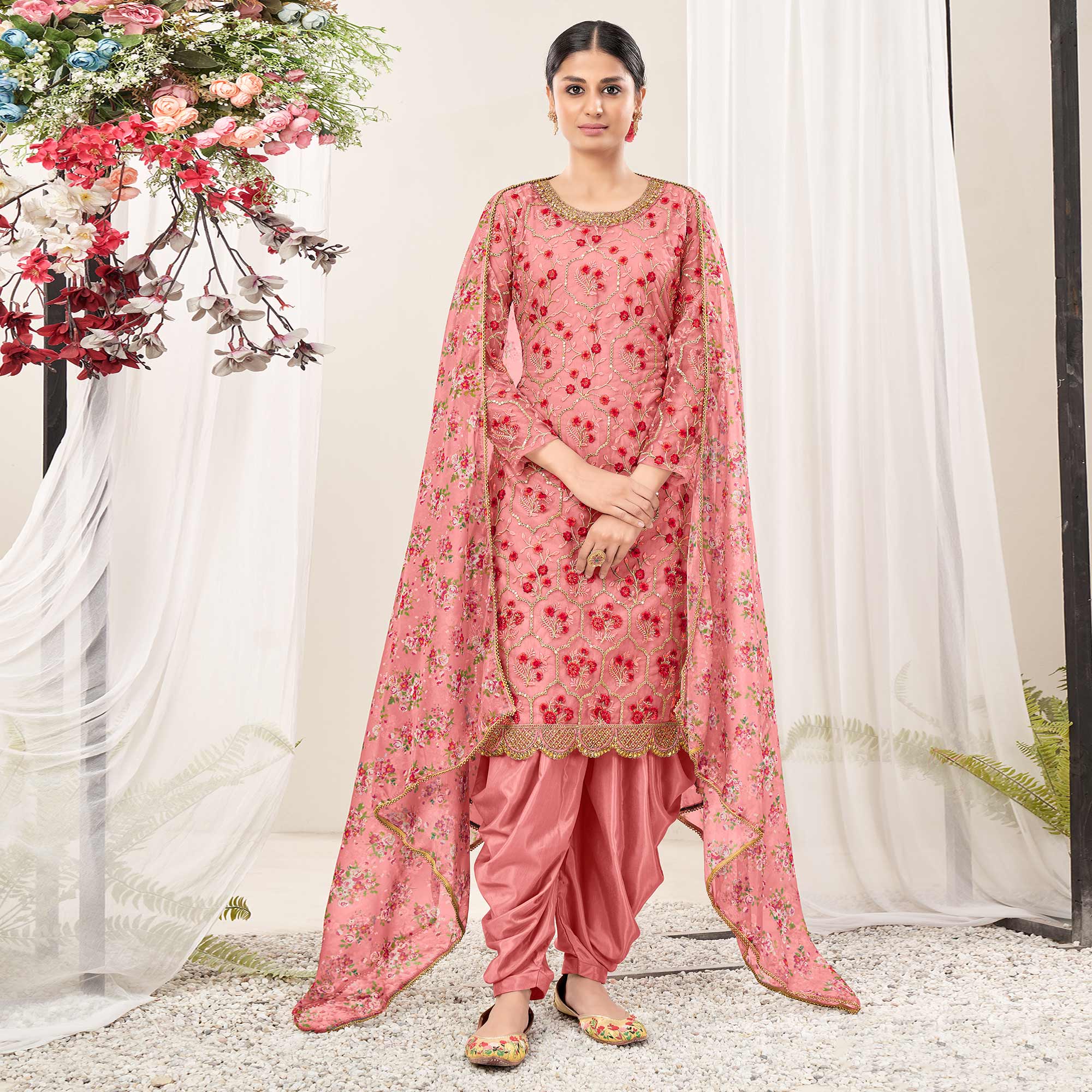 Pink Floral Sequins Embroidered Net Patiala Suit